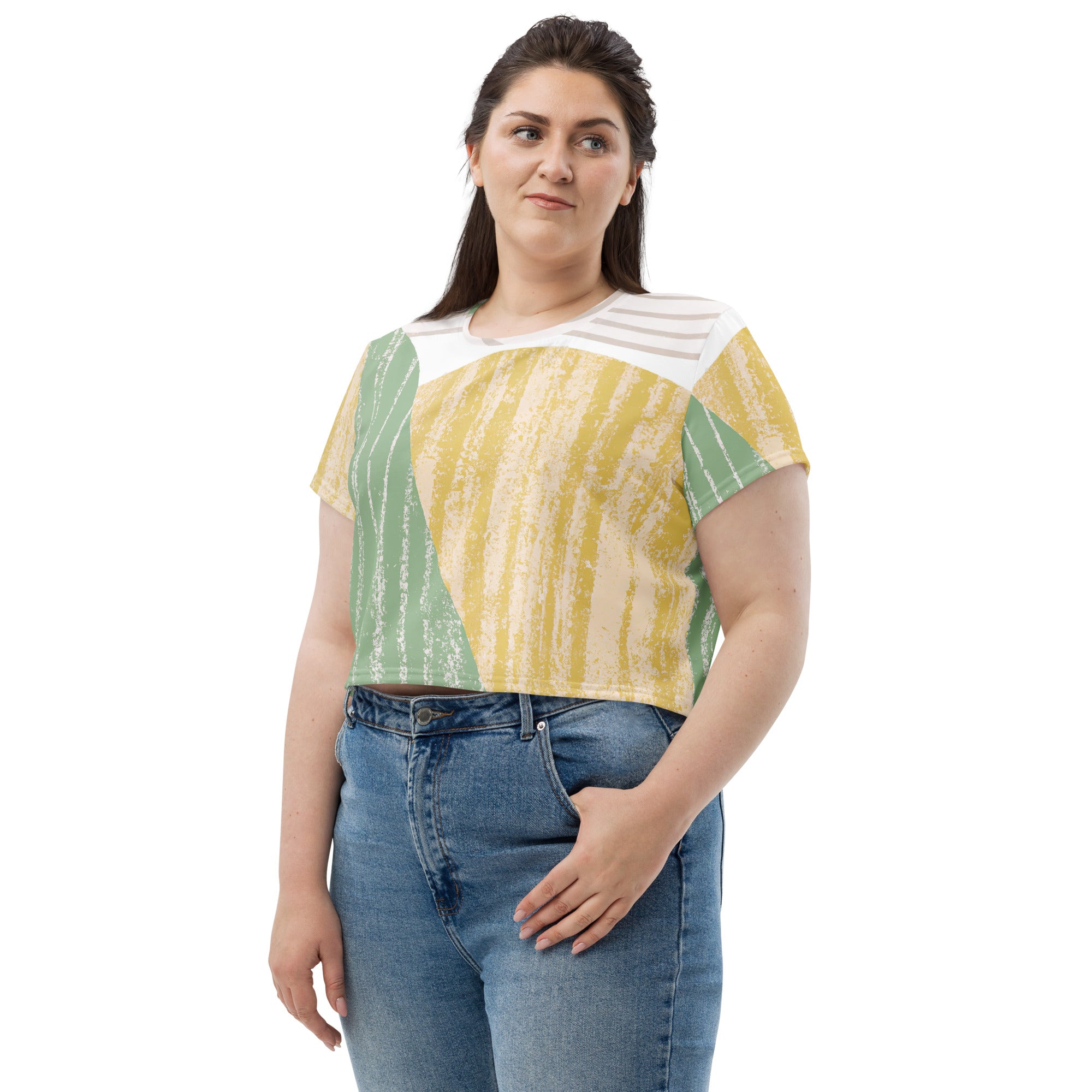 Womens Stretch Fit Crop Tee in green textured boho pattern, showcasing its stylish cropped design and soft fabric.