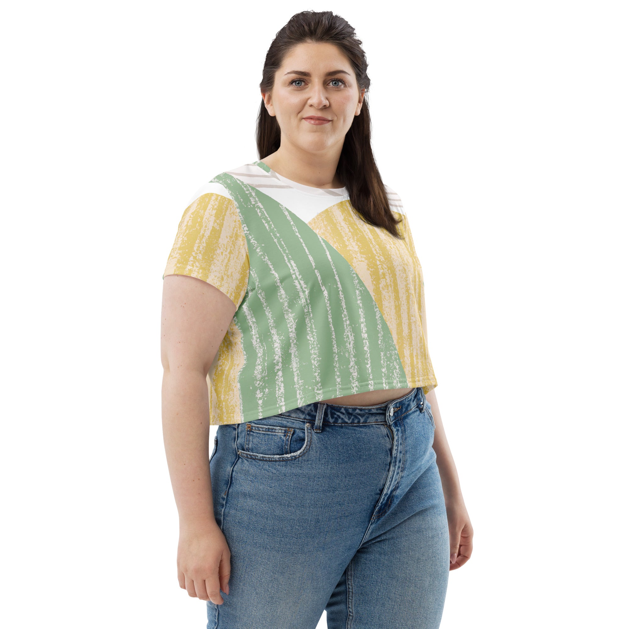 Womens Stretch Fit Crop Tee in green textured boho pattern, showcasing its stylish cropped design and soft fabric.