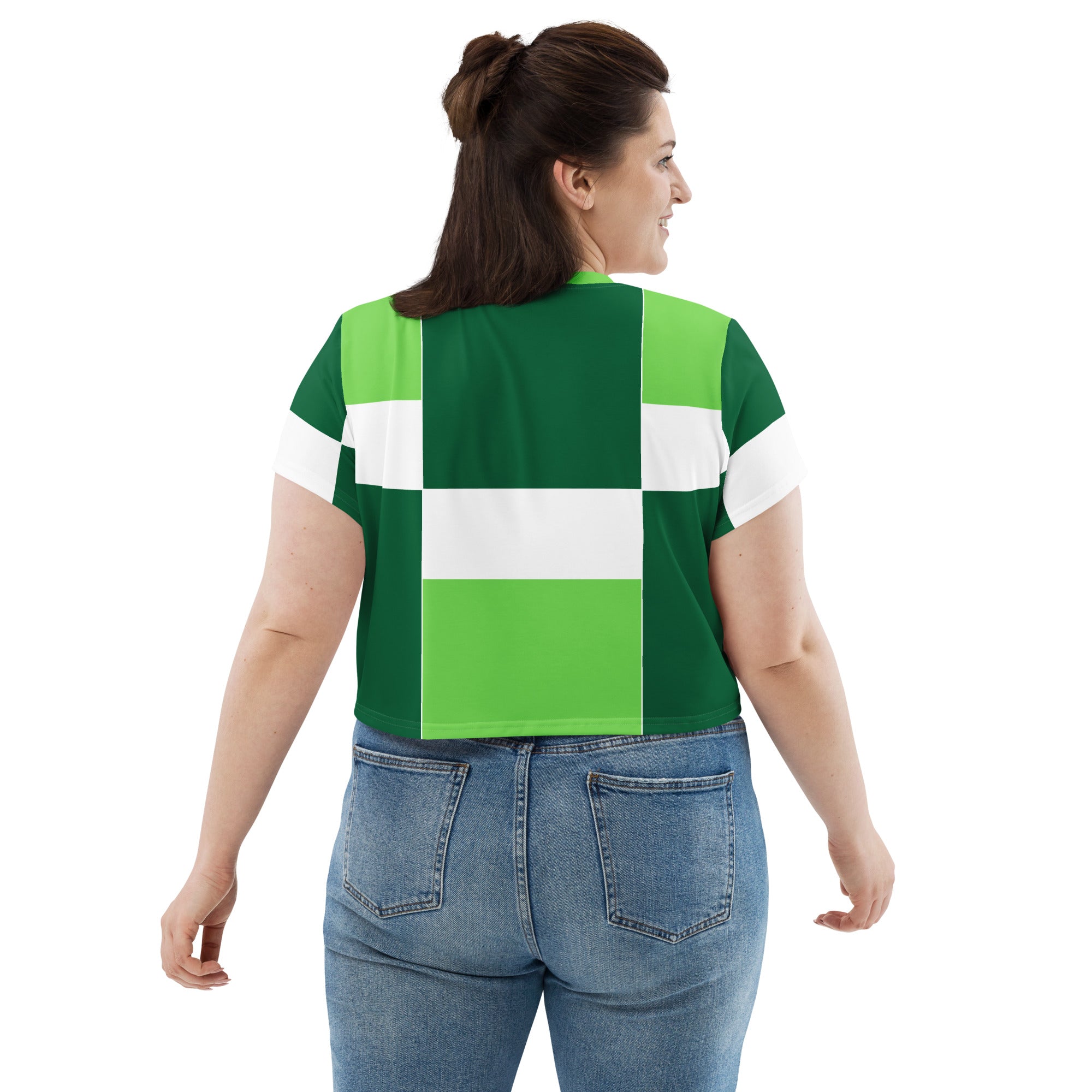 Women's Stretch Fit Crop Tee in Green White Colorblock, featuring a cropped silhouette and short sleeves, perfect for casual wear.