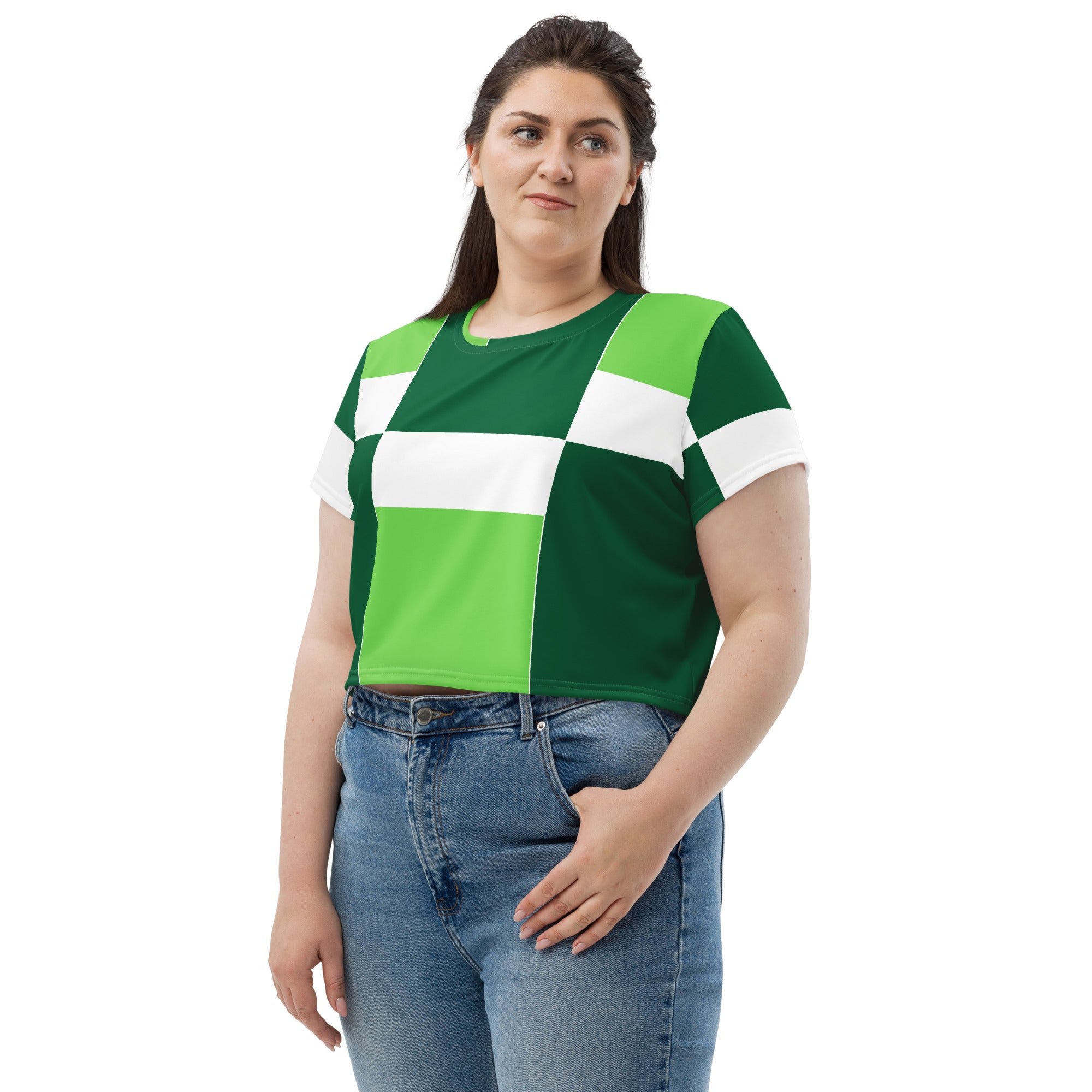 Women's Stretch Fit Crop Tee in Green White Colorblock, featuring a cropped silhouette and short sleeves, perfect for casual wear.
