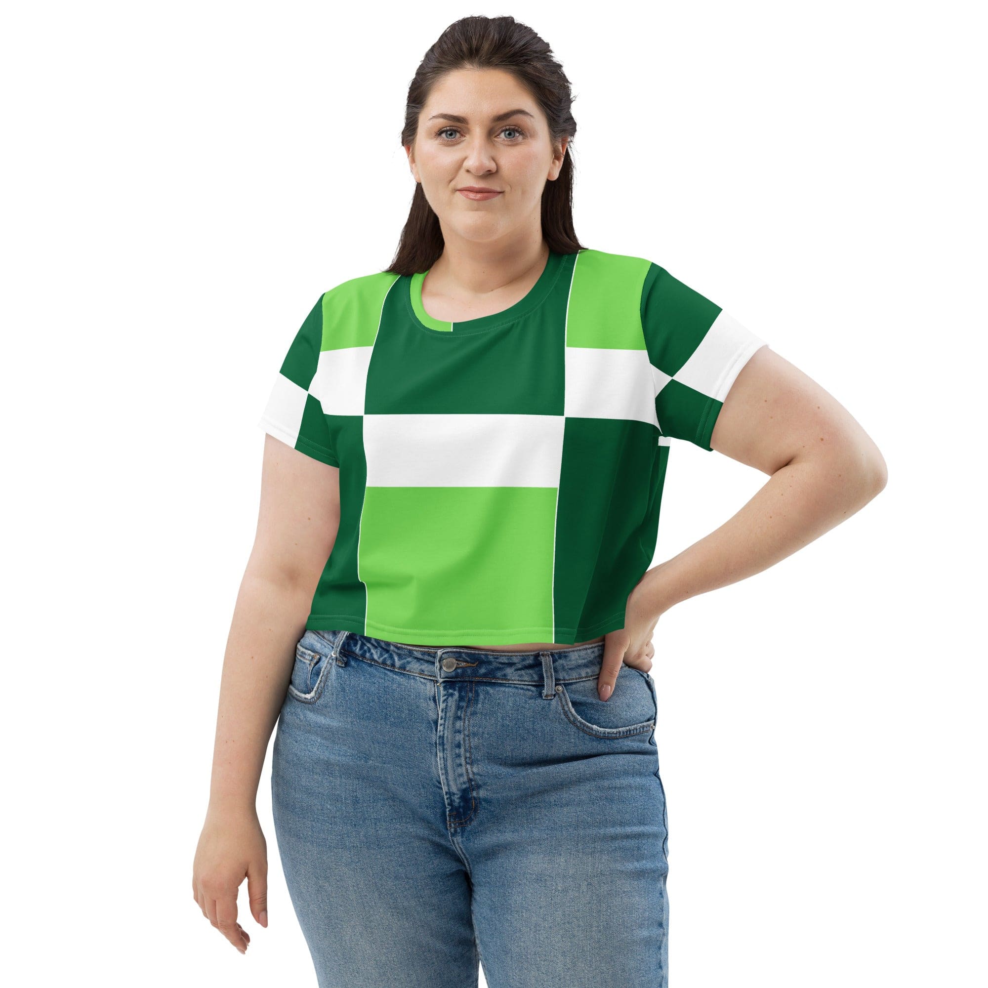 Women's Stretch Fit Crop Tee in Green White Colorblock, featuring a cropped silhouette and short sleeves, perfect for casual wear.