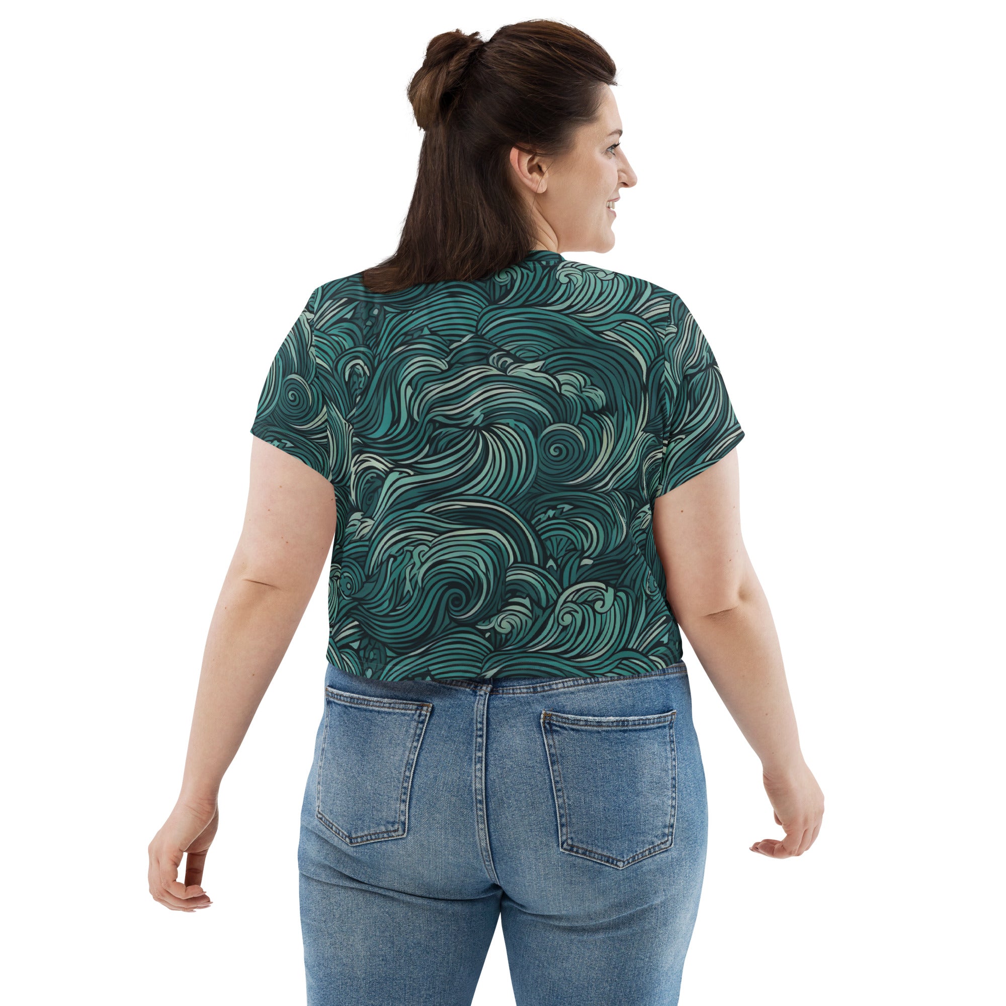 Women's Stretch Fit Crop Tee in Mint Green Water Wave, featuring a cropped silhouette and soft fabric, perfect for casual wear.