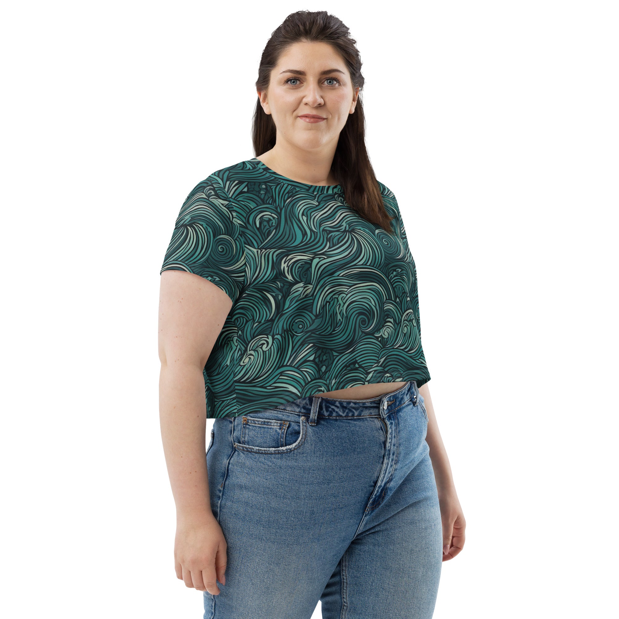 Women's Stretch Fit Crop Tee in Mint Green Water Wave, featuring a cropped silhouette and soft fabric, perfect for casual wear.
