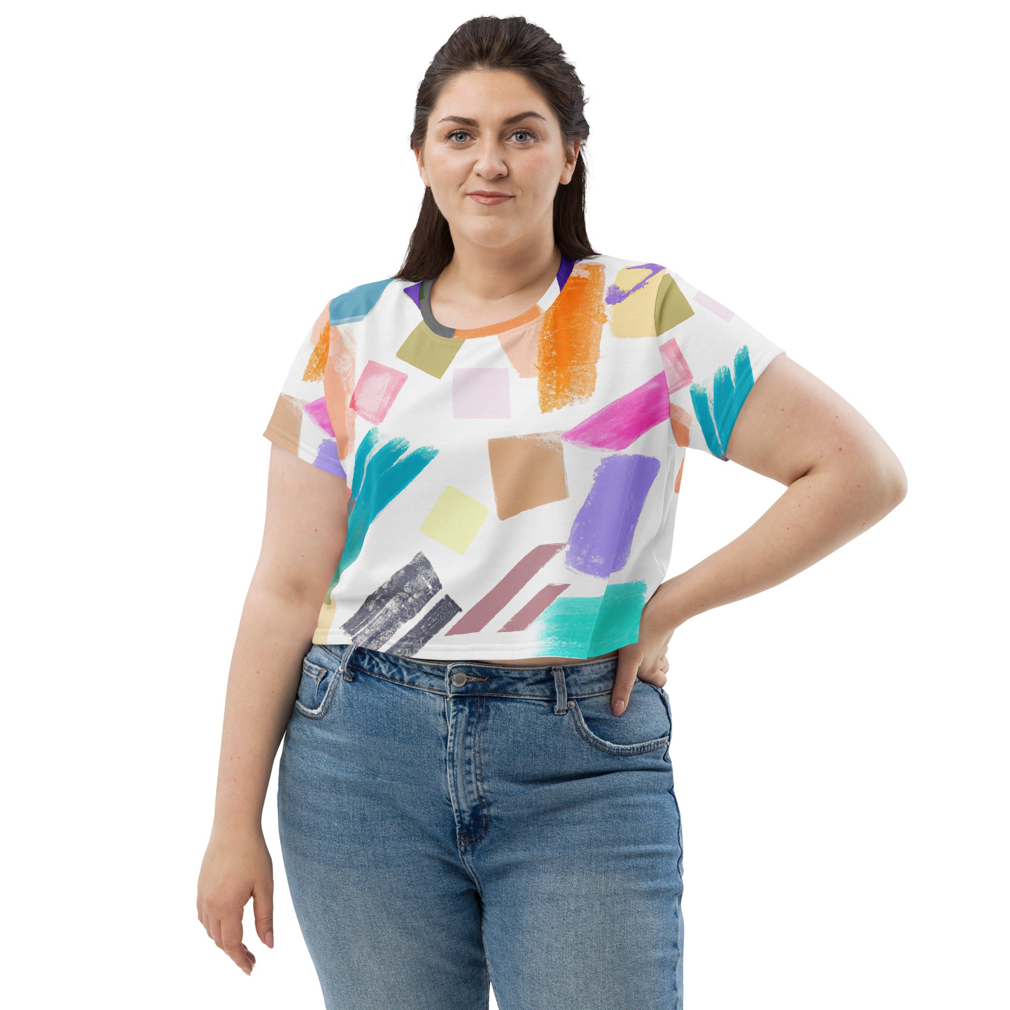 Women's Stretch Fit Crop Tee in pastel pattern, showcasing a stylish cropped design with short sleeves and a crew neckline.