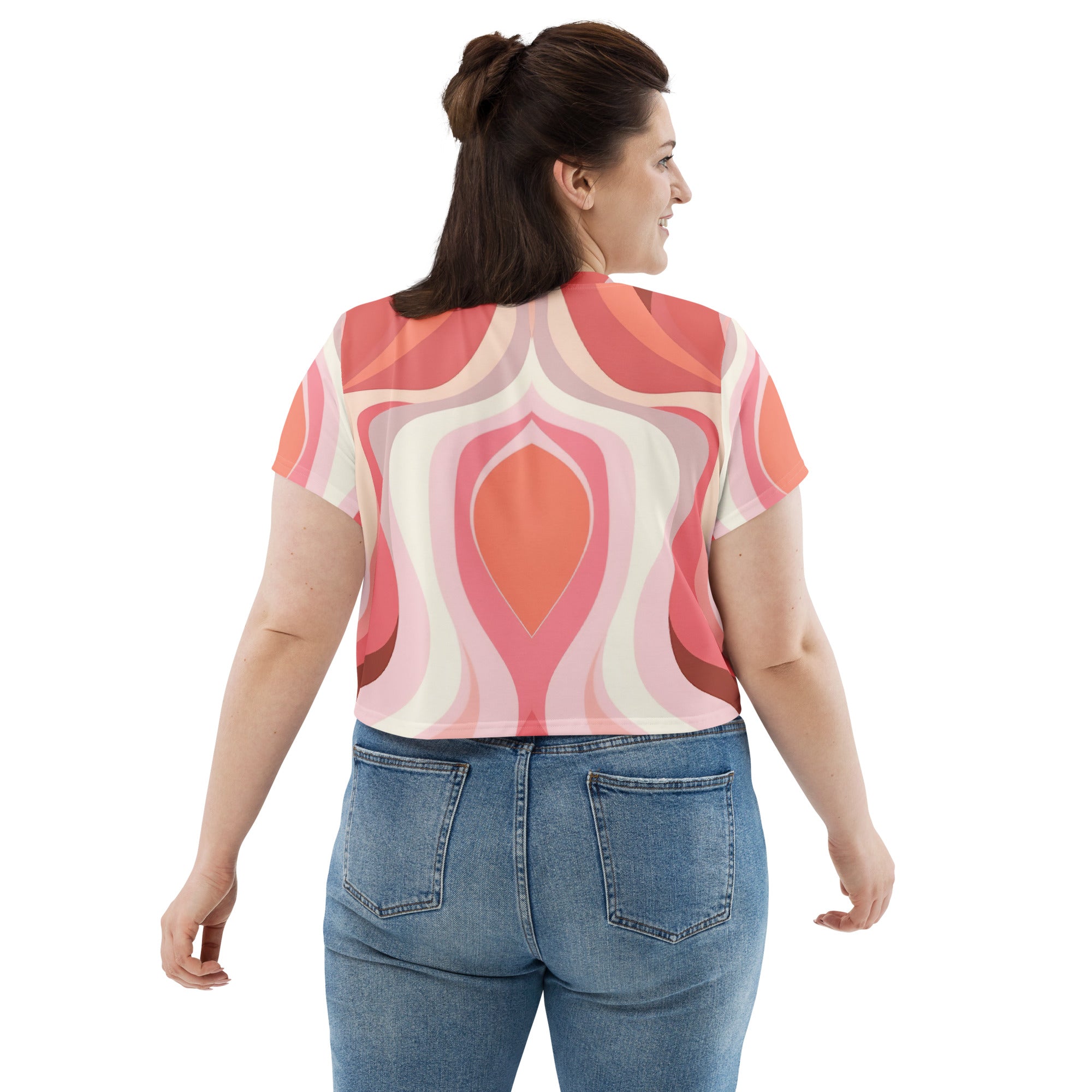 Womens Stretch Fit Crop Tee in Pink White Boho Swirl, showcasing a contemporary art-lined pattern with a cropped silhouette.