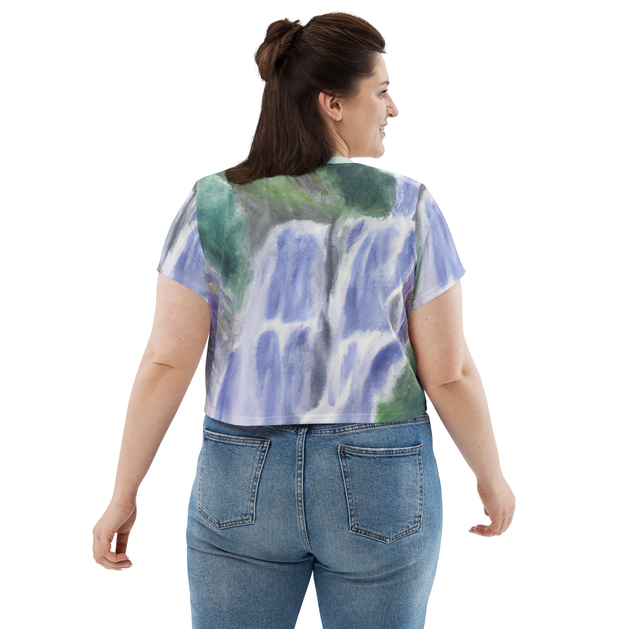 Women's Stretch Fit Crop Tee in Purple Watercolor featuring a waterfall green landscape print, showcasing a stylish and comfortable design.