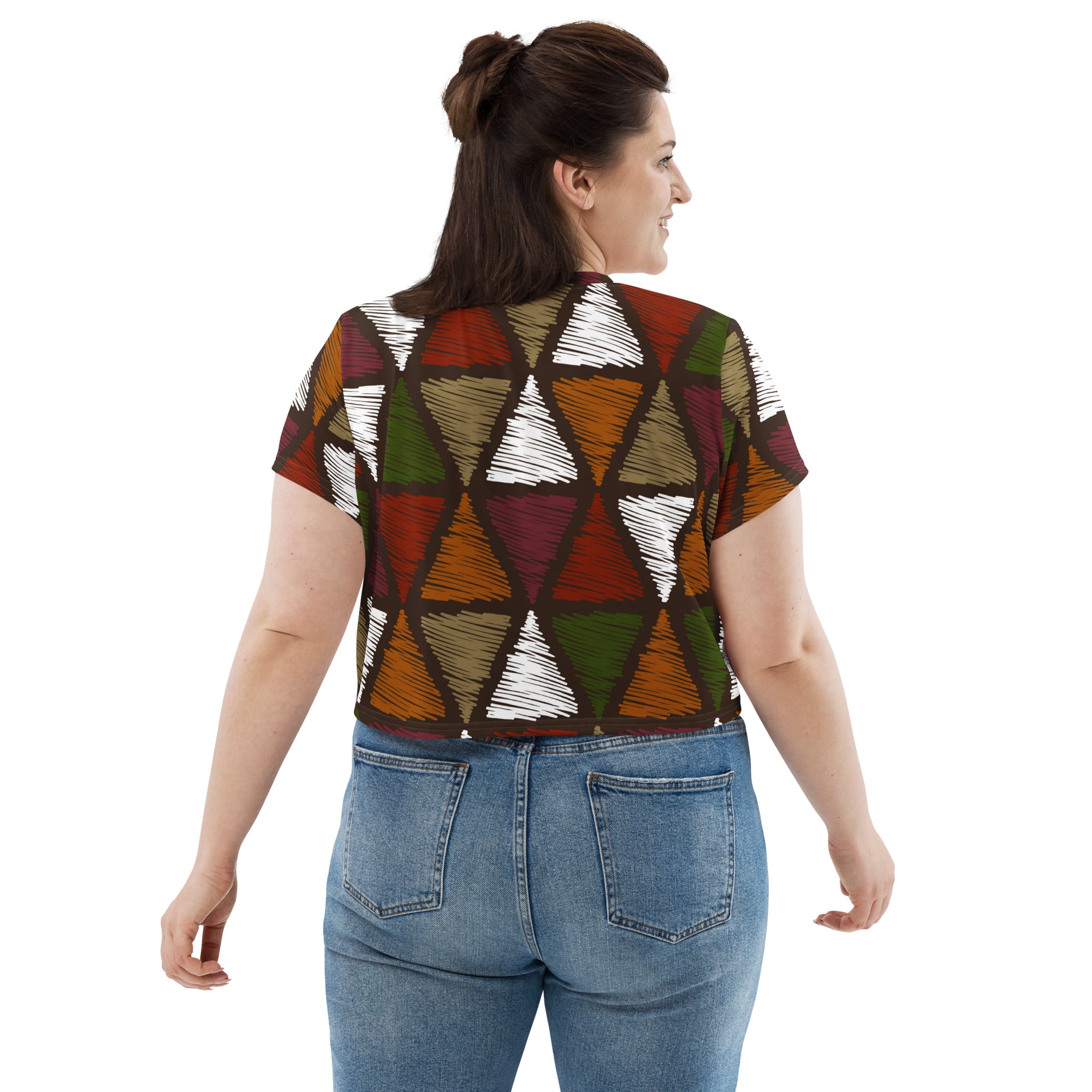 Women's Stretch Fit Crop Tee in red and green geometric lines, showcasing a trendy design and comfortable fit.