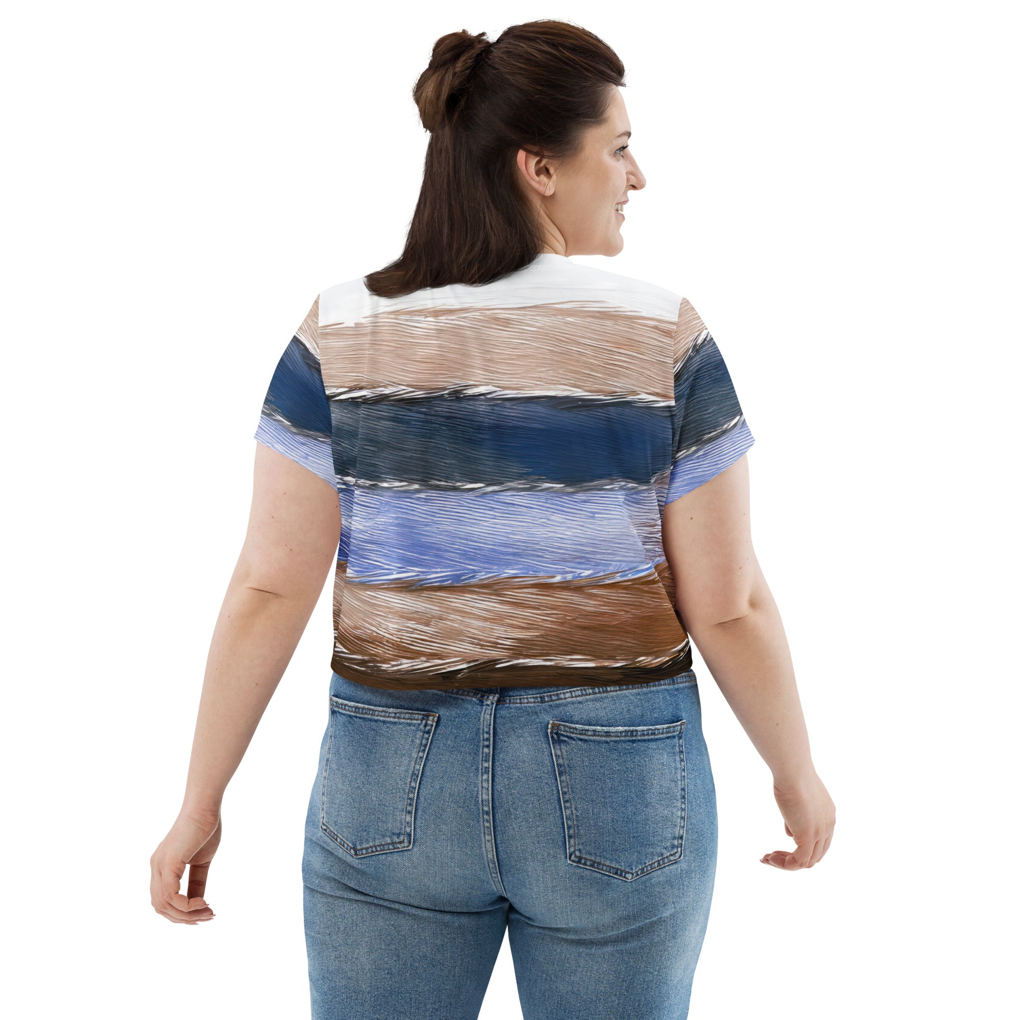 Women's Stretch Fit Crop Tee in Rustic Hues Pattern, showcasing a stylish cropped design with a soft, breathable fabric.