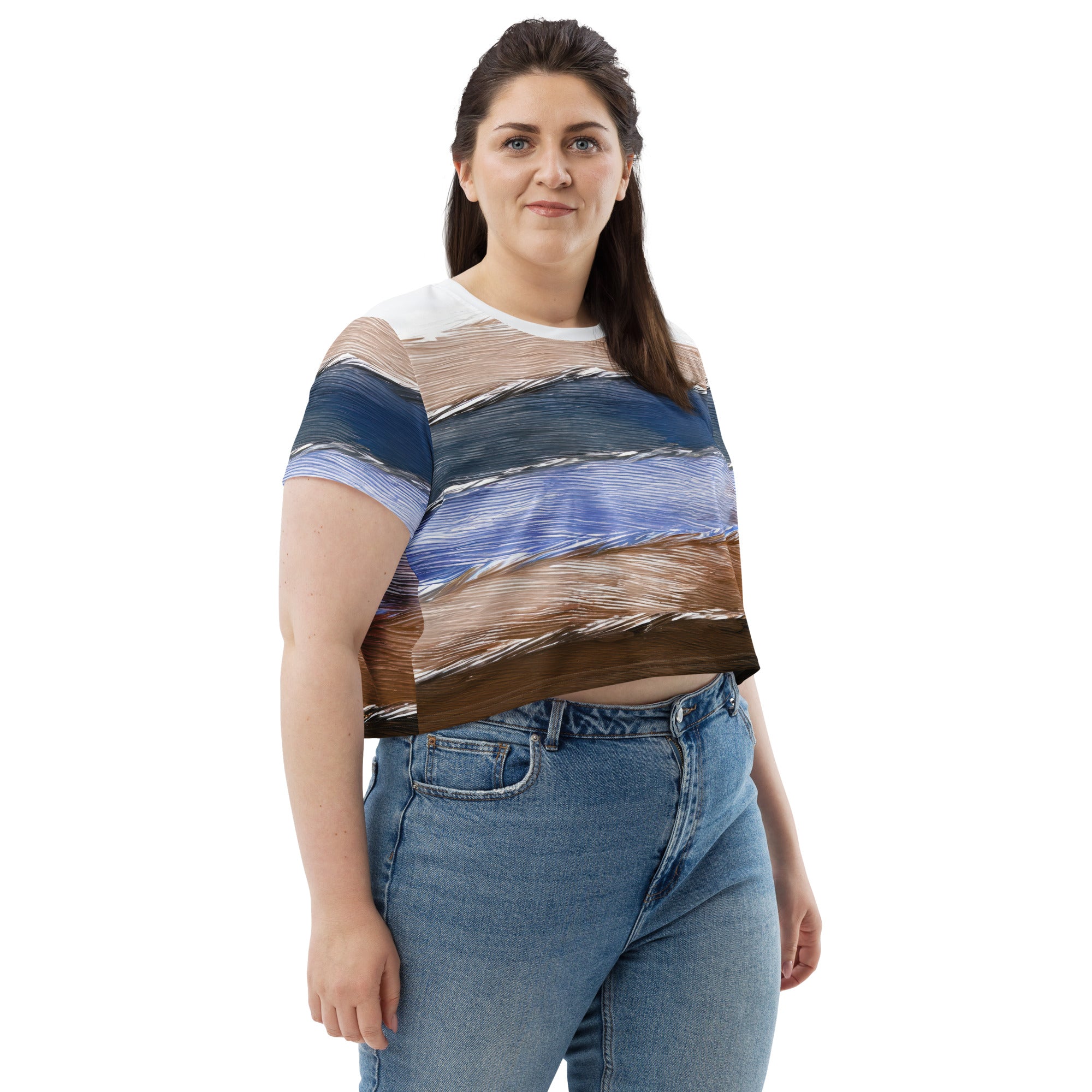 Women's Stretch Fit Crop Tee in Rustic Hues Pattern, showcasing a stylish cropped design with a soft, breathable fabric.