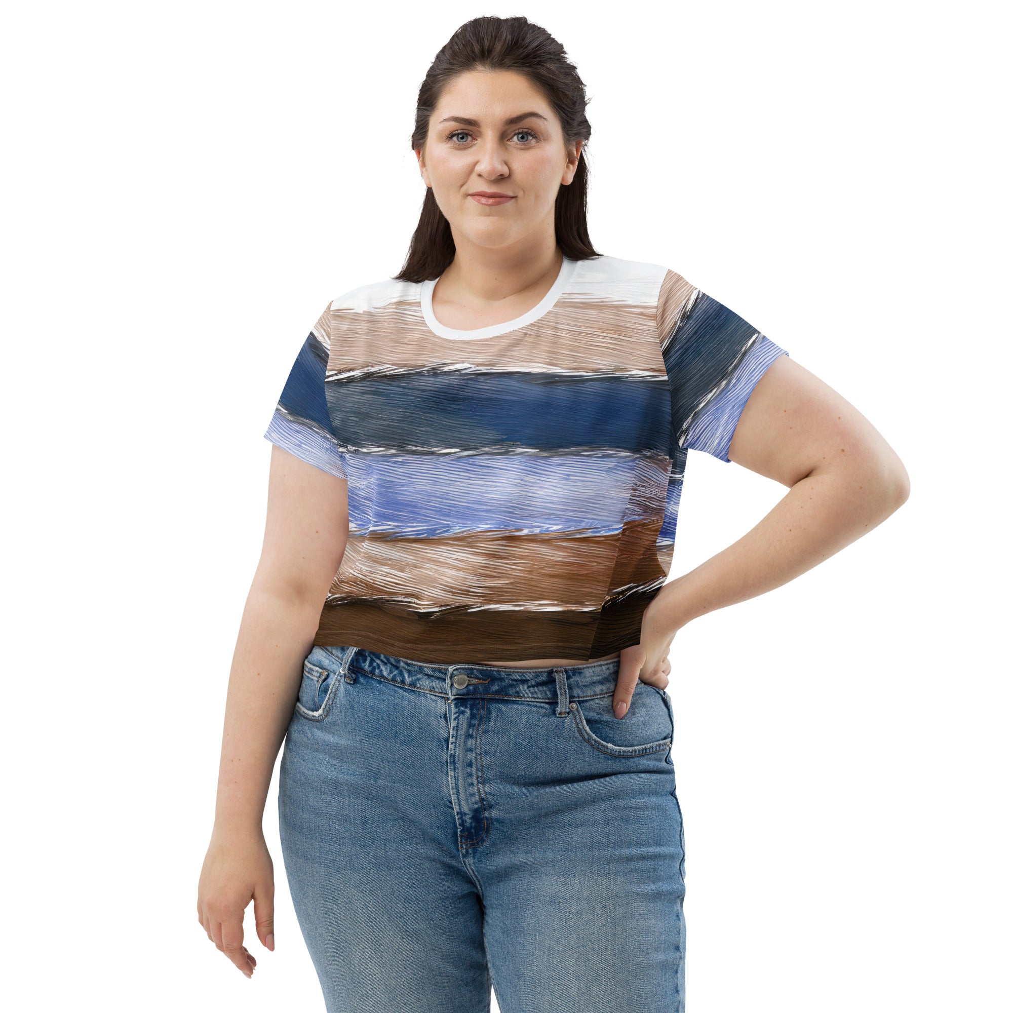 Women's Stretch Fit Crop Tee in Rustic Hues Pattern, showcasing a stylish cropped design with a soft, breathable fabric.