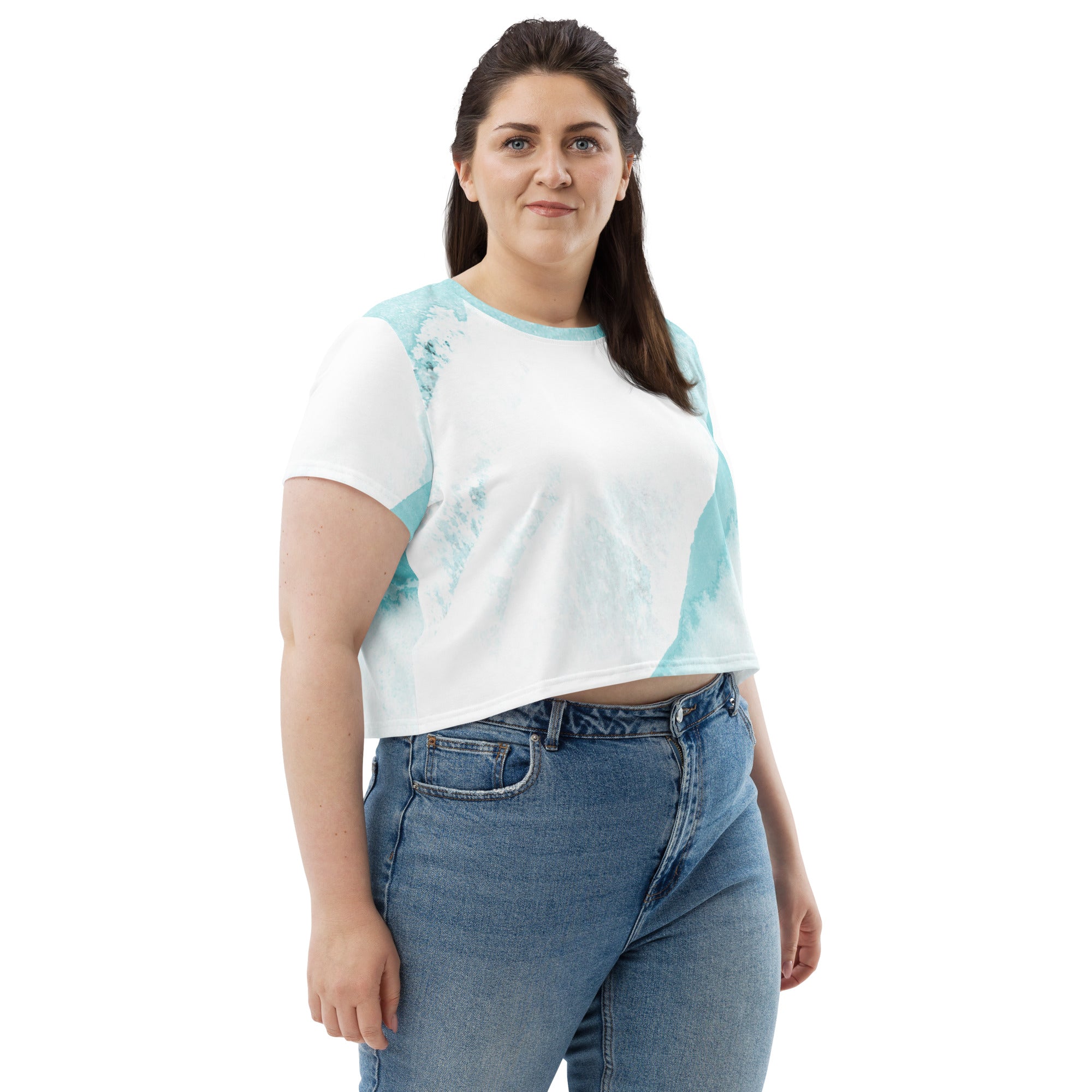 Womens Stretch Fit Crop Tee in Subtle Abstract Ocean Blue with white print, showcasing a stylish cropped silhouette and short sleeves.