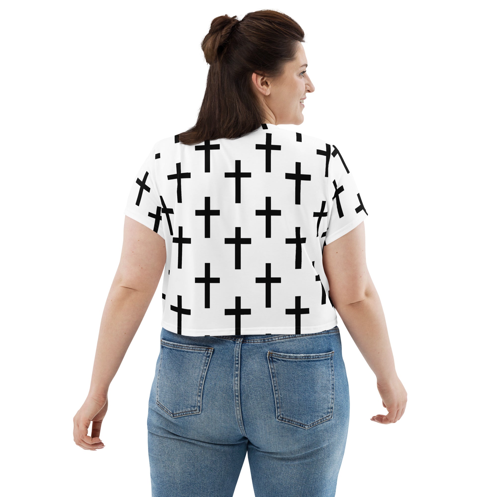 Women's Stretch Fit Crop Tee in white and black cross print, showcasing a stylish cropped design and soft fabric.