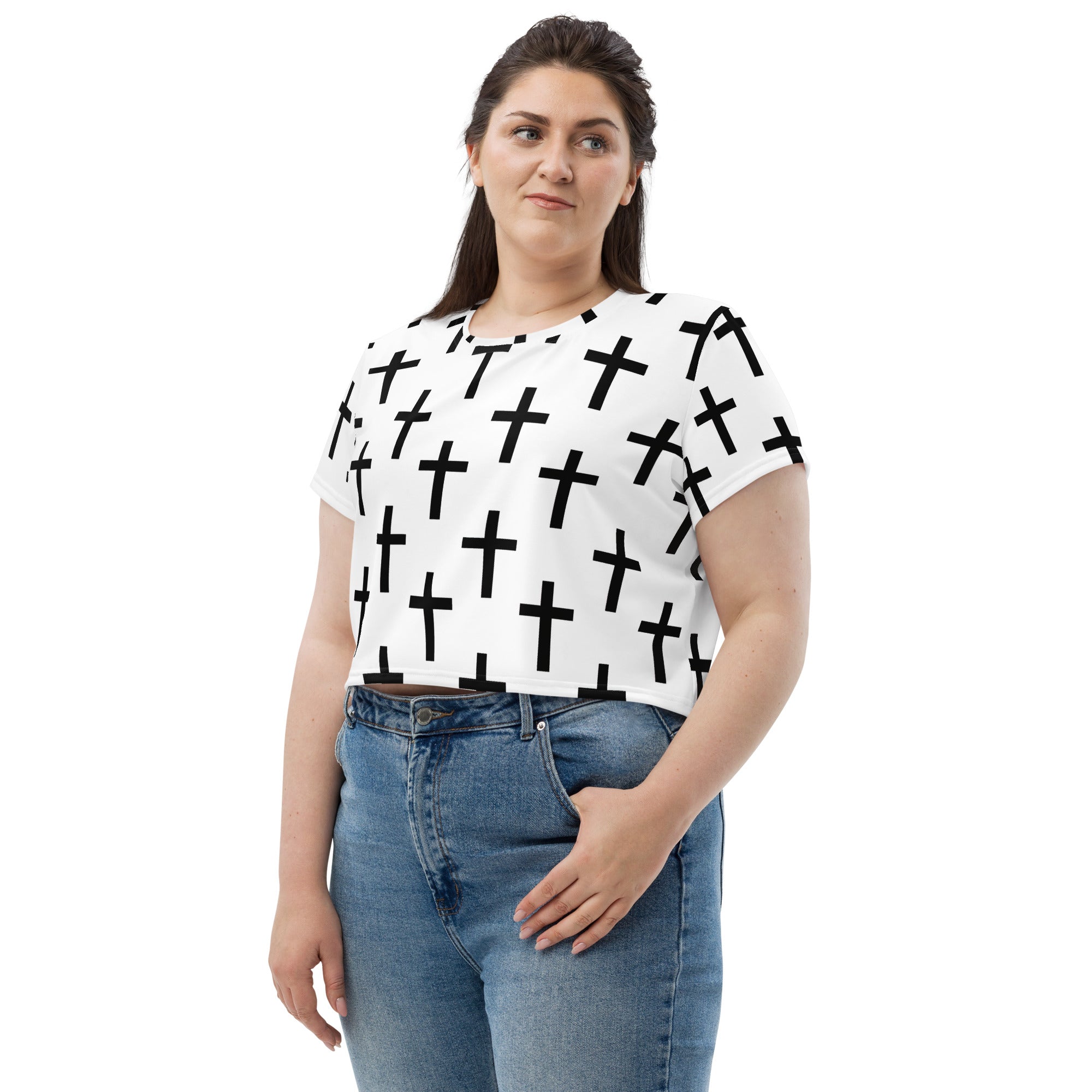 Women's Stretch Fit Crop Tee in white and black cross print, showcasing a stylish cropped design and soft fabric.