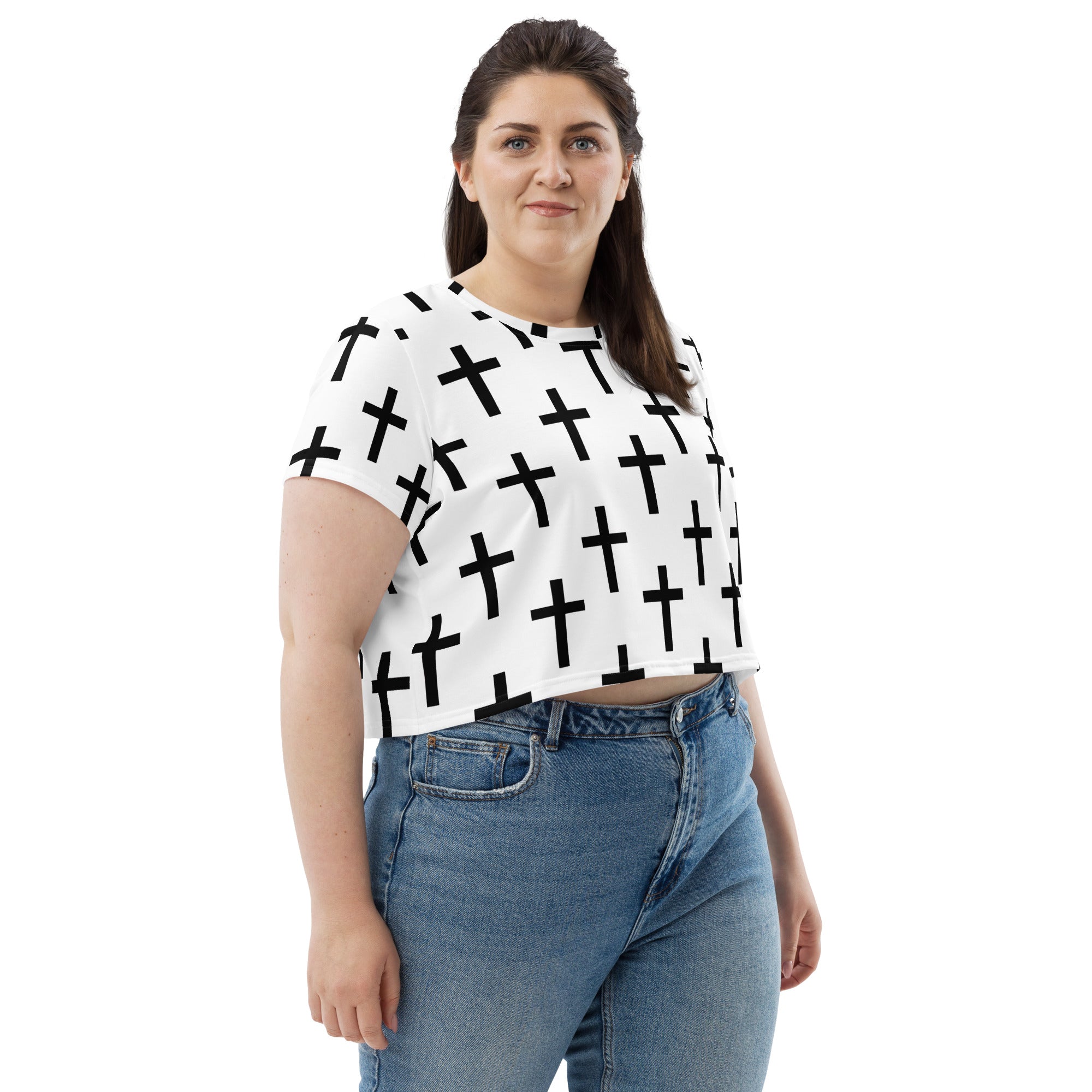 Women's Stretch Fit Crop Tee in white and black cross print, showcasing a stylish cropped design and soft fabric.