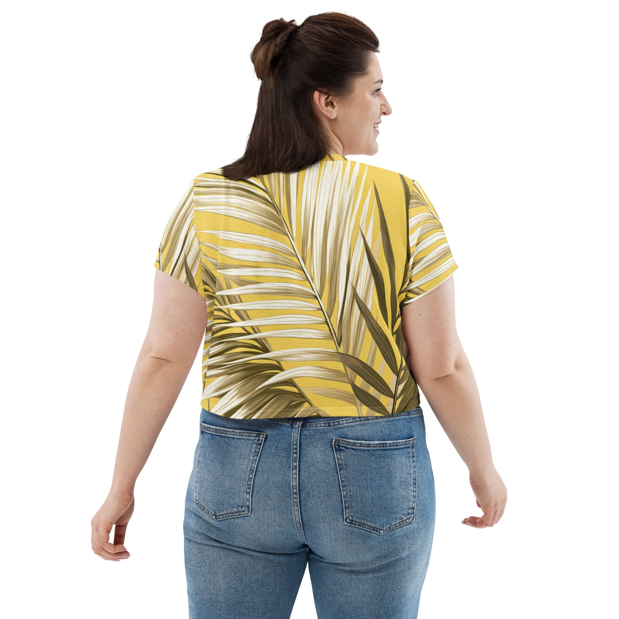 Women's Stretch Fit Crop Tee in White Brown Palm Leaves, showcasing a stylish cropped design with short sleeves and a crew neckline.