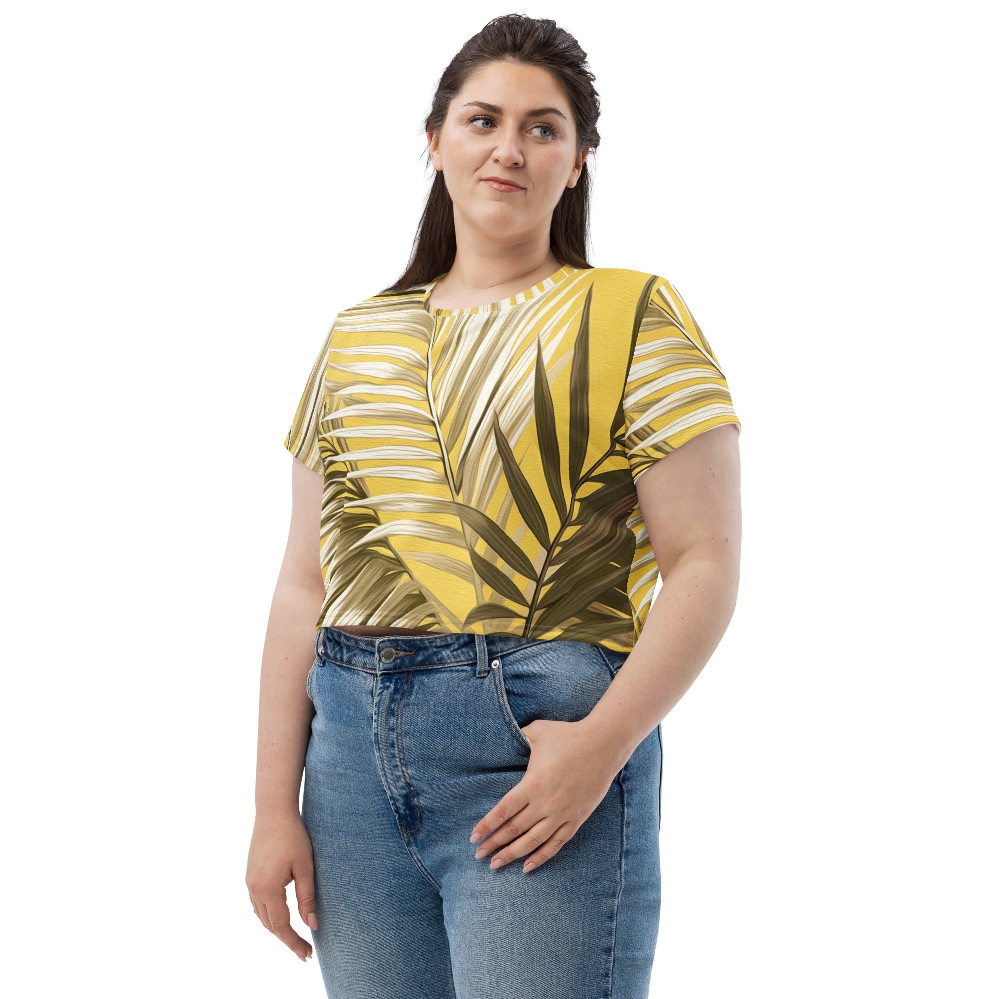 Women's Stretch Fit Crop Tee in White Brown Palm Leaves, showcasing a stylish cropped design with short sleeves and a crew neckline.