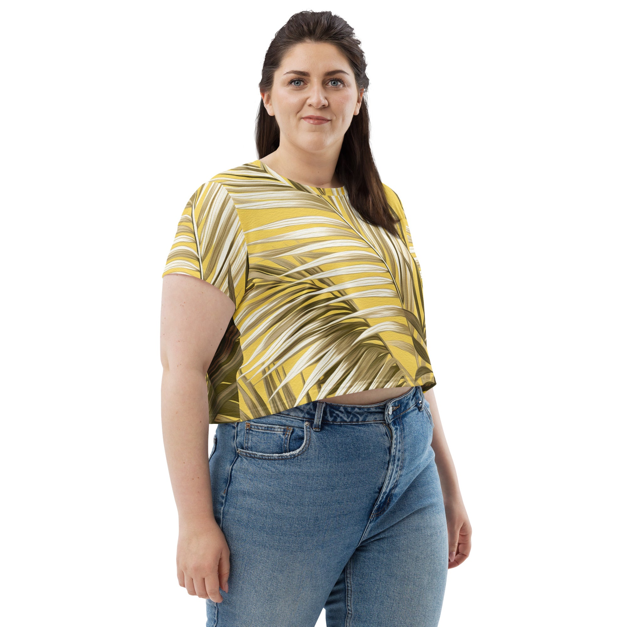 Women's Stretch Fit Crop Tee in White Brown Palm Leaves, showcasing a stylish cropped design with short sleeves and a crew neckline.