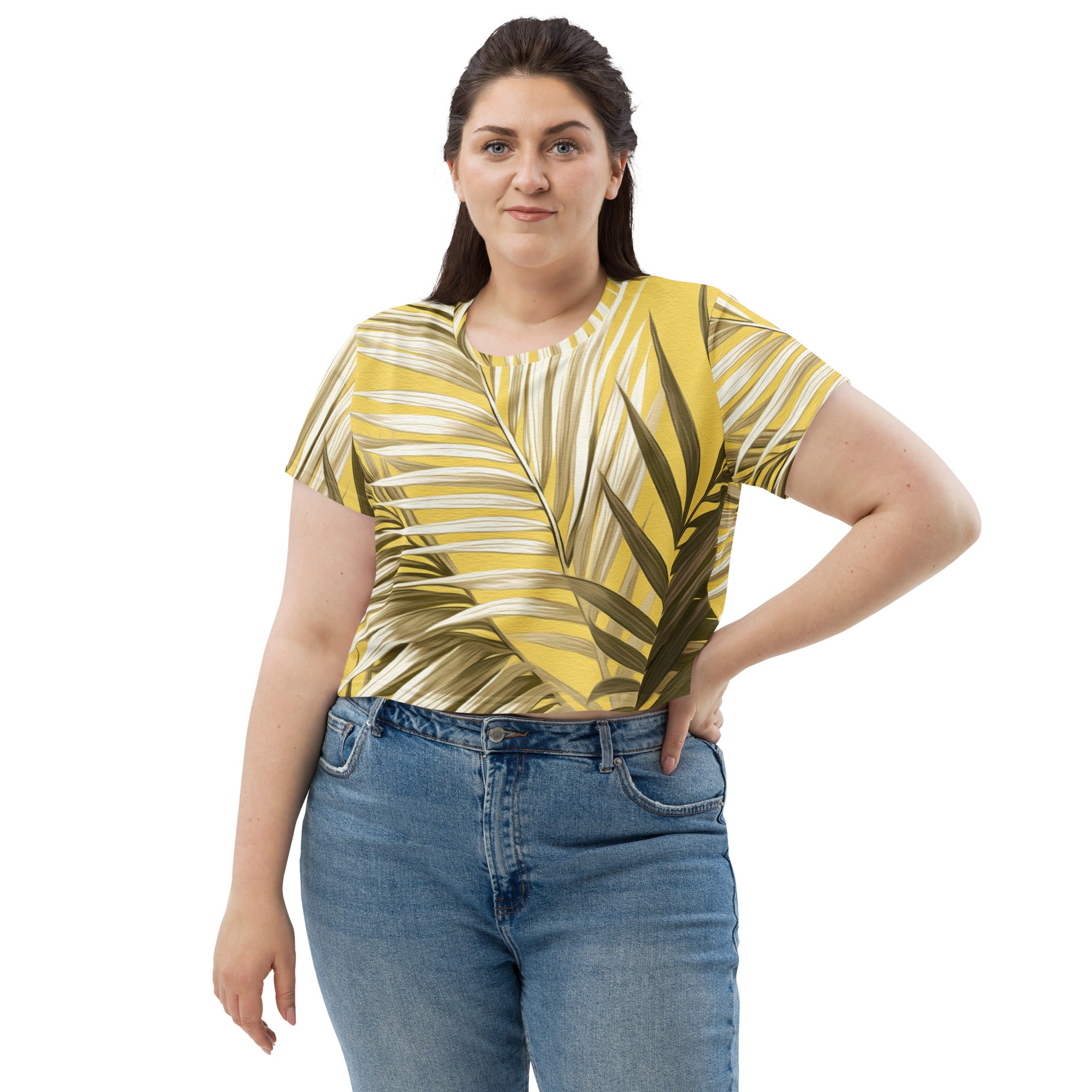 Women's Stretch Fit Crop Tee in White Brown Palm Leaves, showcasing a stylish cropped design with short sleeves and a crew neckline.