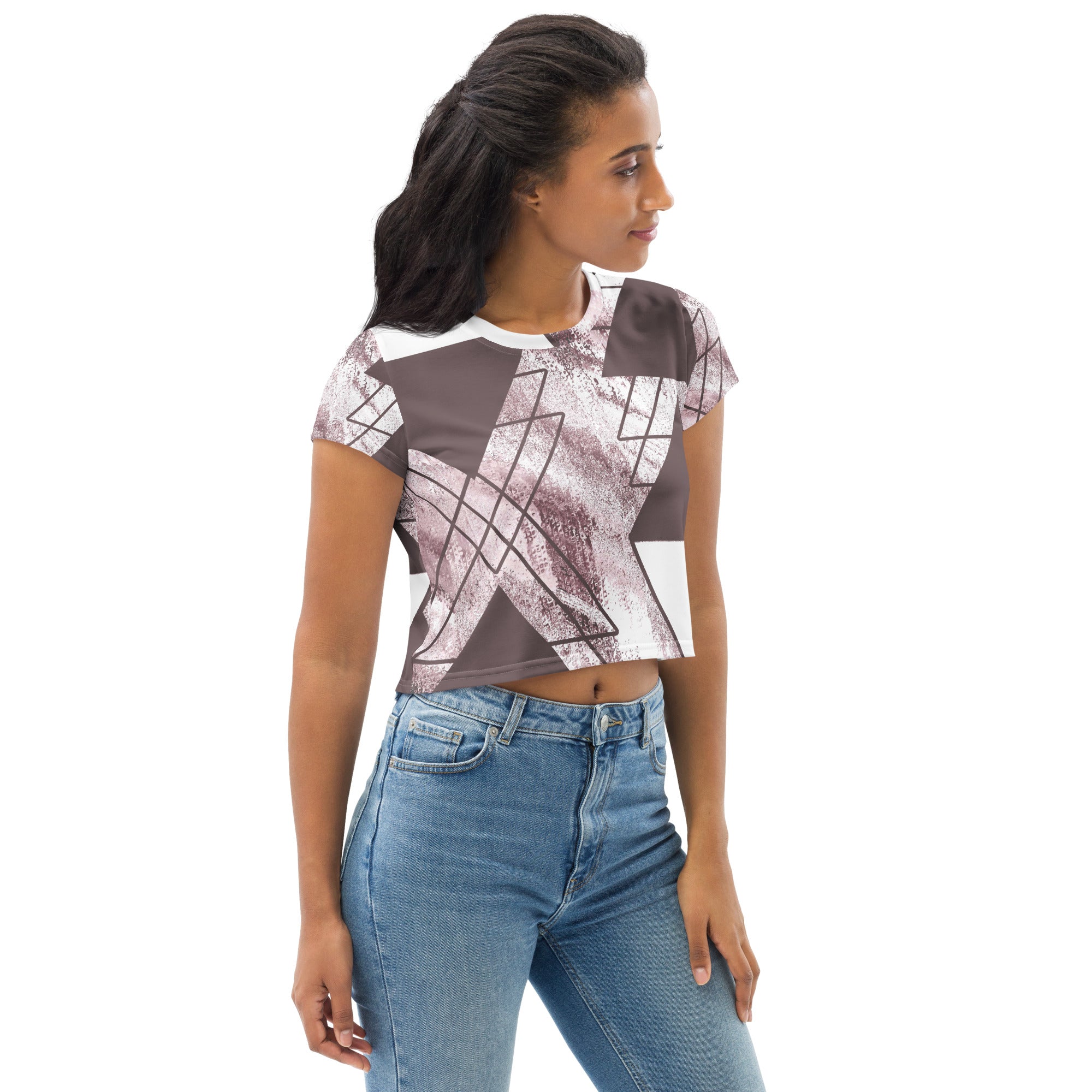 Womens Stretch Fit Crop Tee in Mauve Rose and White Triangular colorblock, showcasing its stylish cropped design and soft fabric.