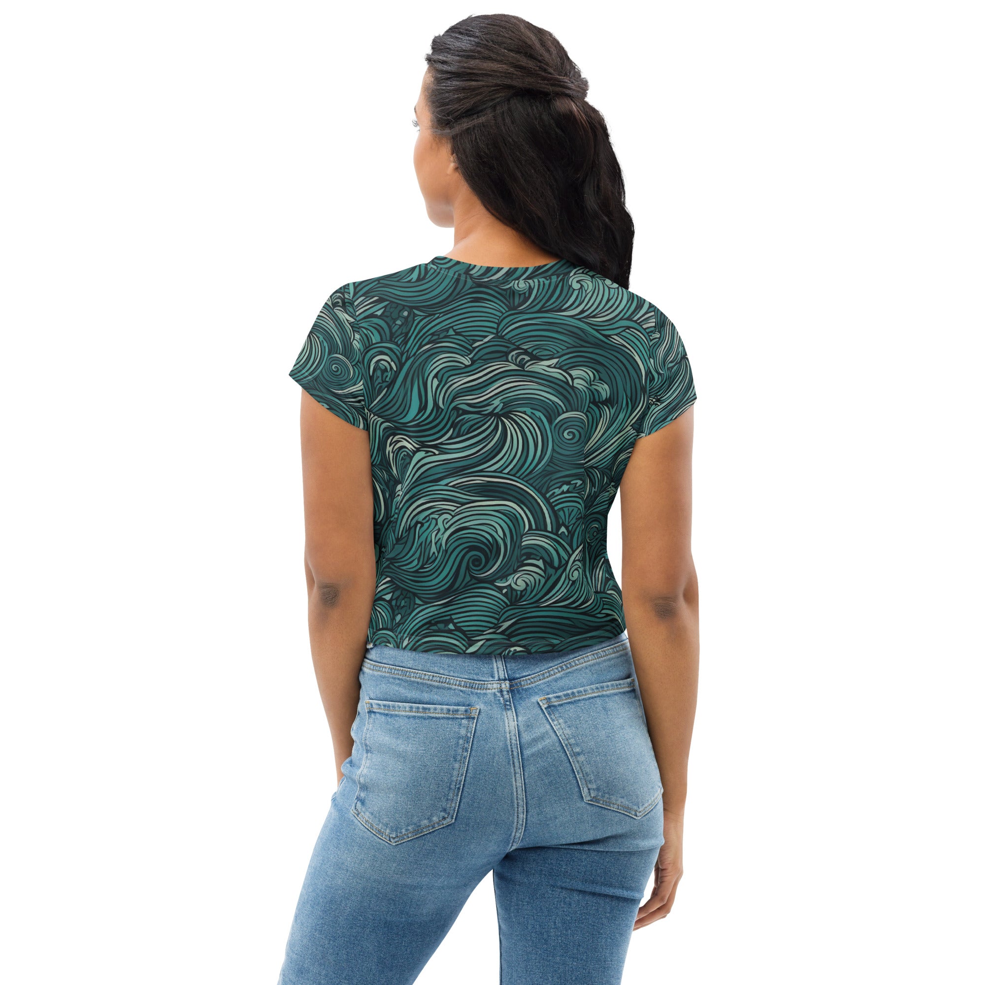 Women's Stretch Fit Crop Tee in Mint Green Water Wave Print, showcasing a stylish cropped design with a soft fabric.