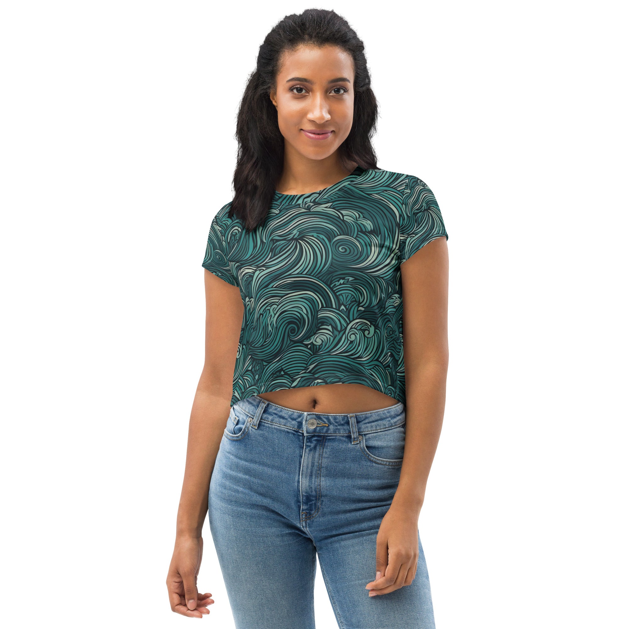 Women's Stretch Fit Crop Tee in Mint Green Water Wave Print, showcasing a stylish cropped design with a soft fabric.