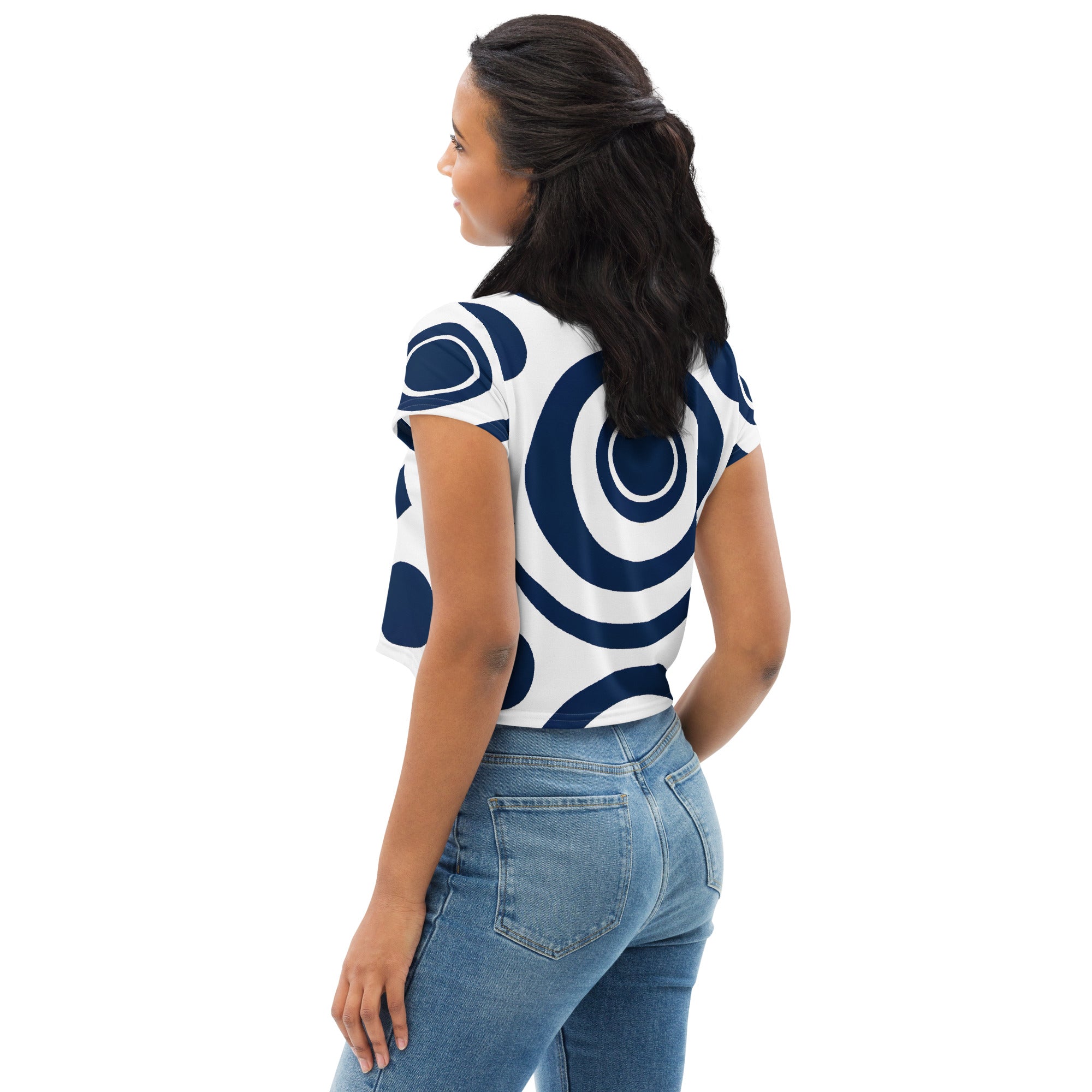 Womens Stretch Fit Crop Tee in Navy Blue and White Circular pattern, showcasing its stylish cropped design and comfortable fabric.