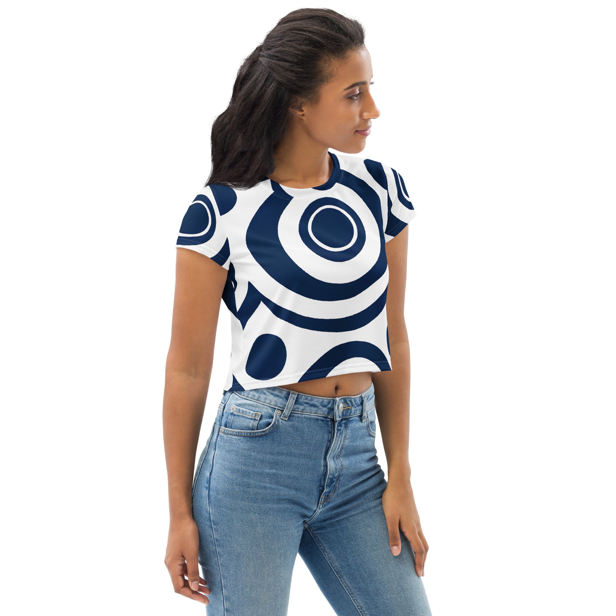 Womens Stretch Fit Crop Tee in Navy Blue and White Circular pattern, showcasing its stylish cropped design and comfortable fabric.