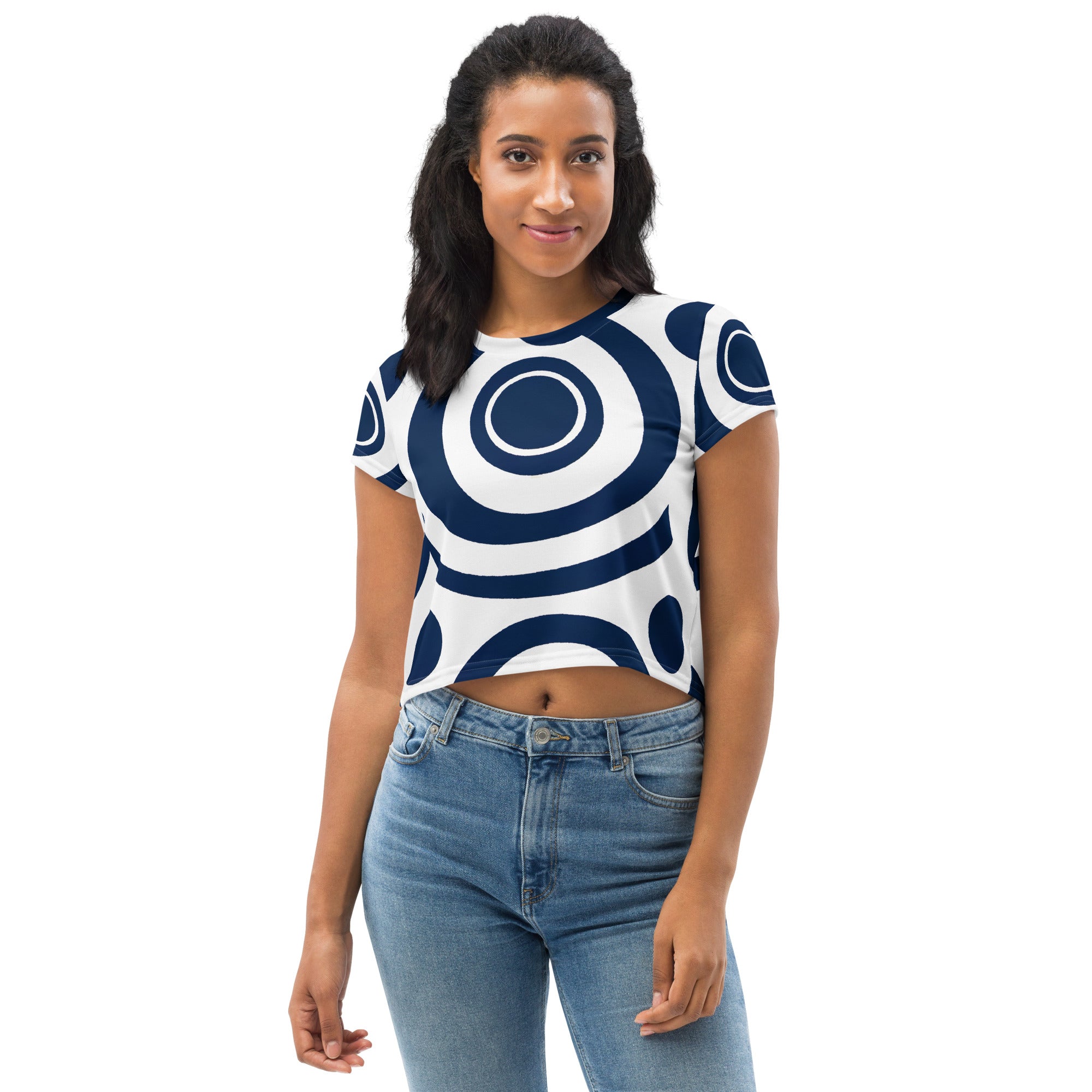 Womens Stretch Fit Crop Tee in Navy Blue and White Circular pattern, showcasing its stylish cropped design and comfortable fabric.