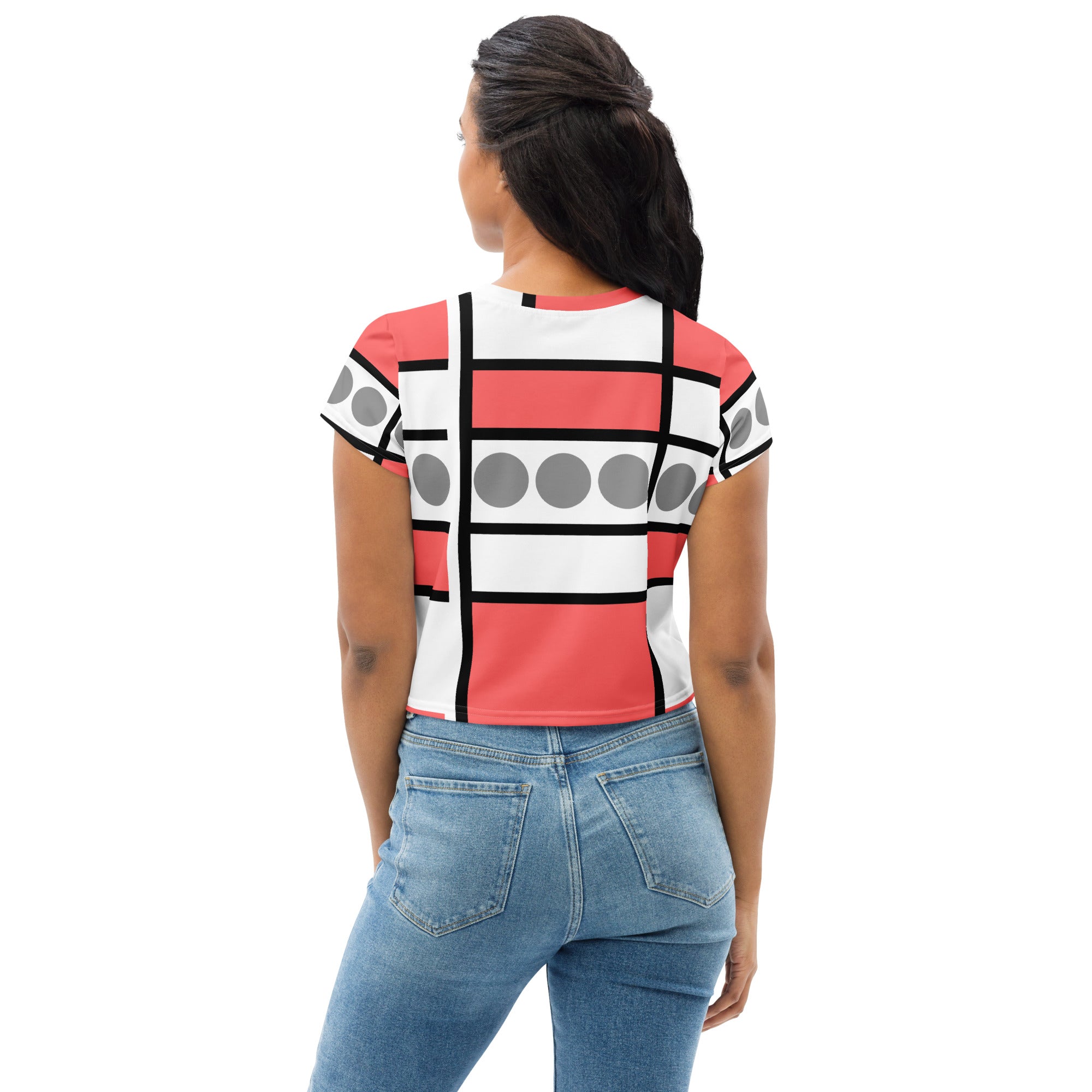 Women's Stretch Fit Crop Tee in Pale Red Print, showcasing a stylish cropped design with short sleeves and a crew neckline.