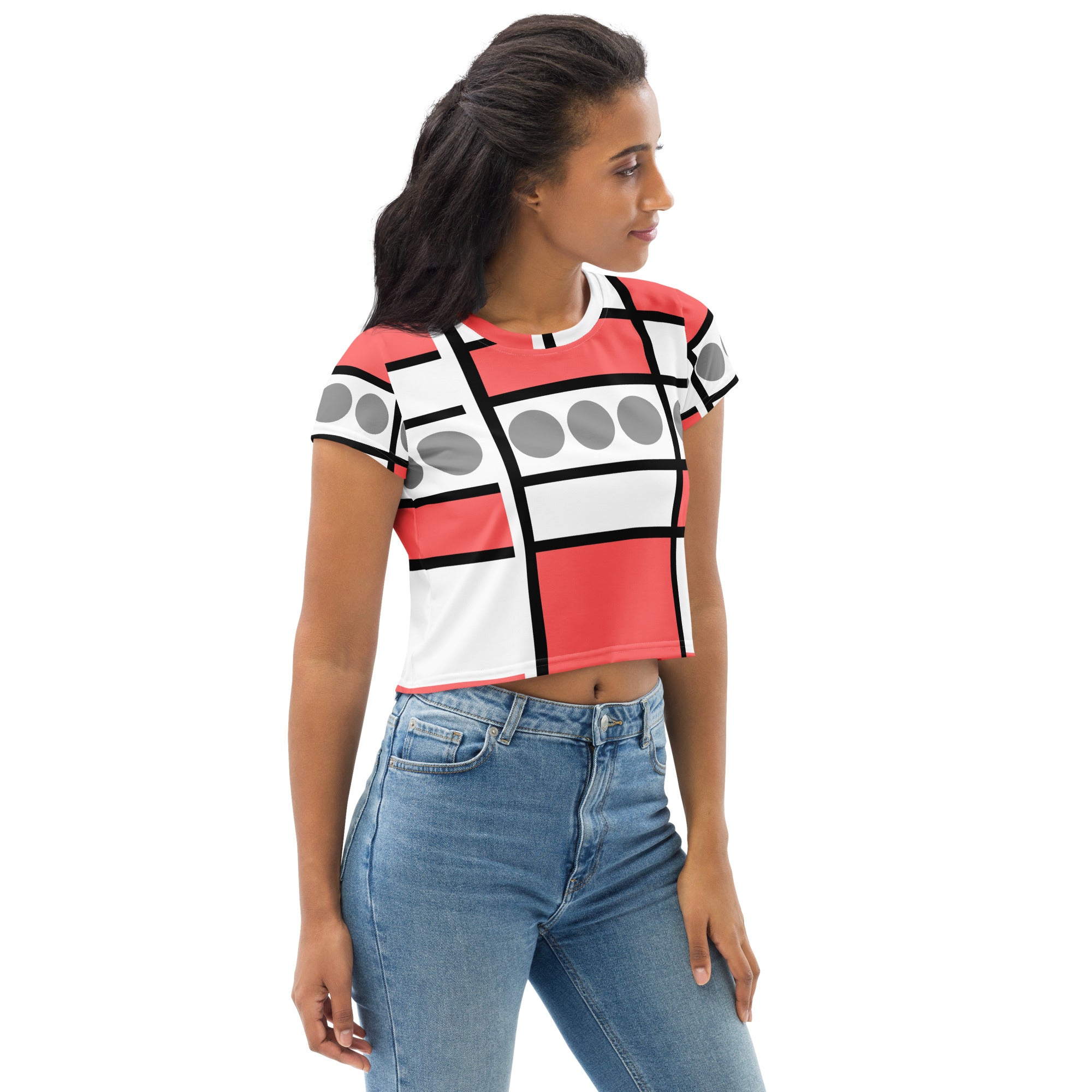 Women's Stretch Fit Crop Tee in Pale Red Print, showcasing a stylish cropped design with short sleeves and a crew neckline.