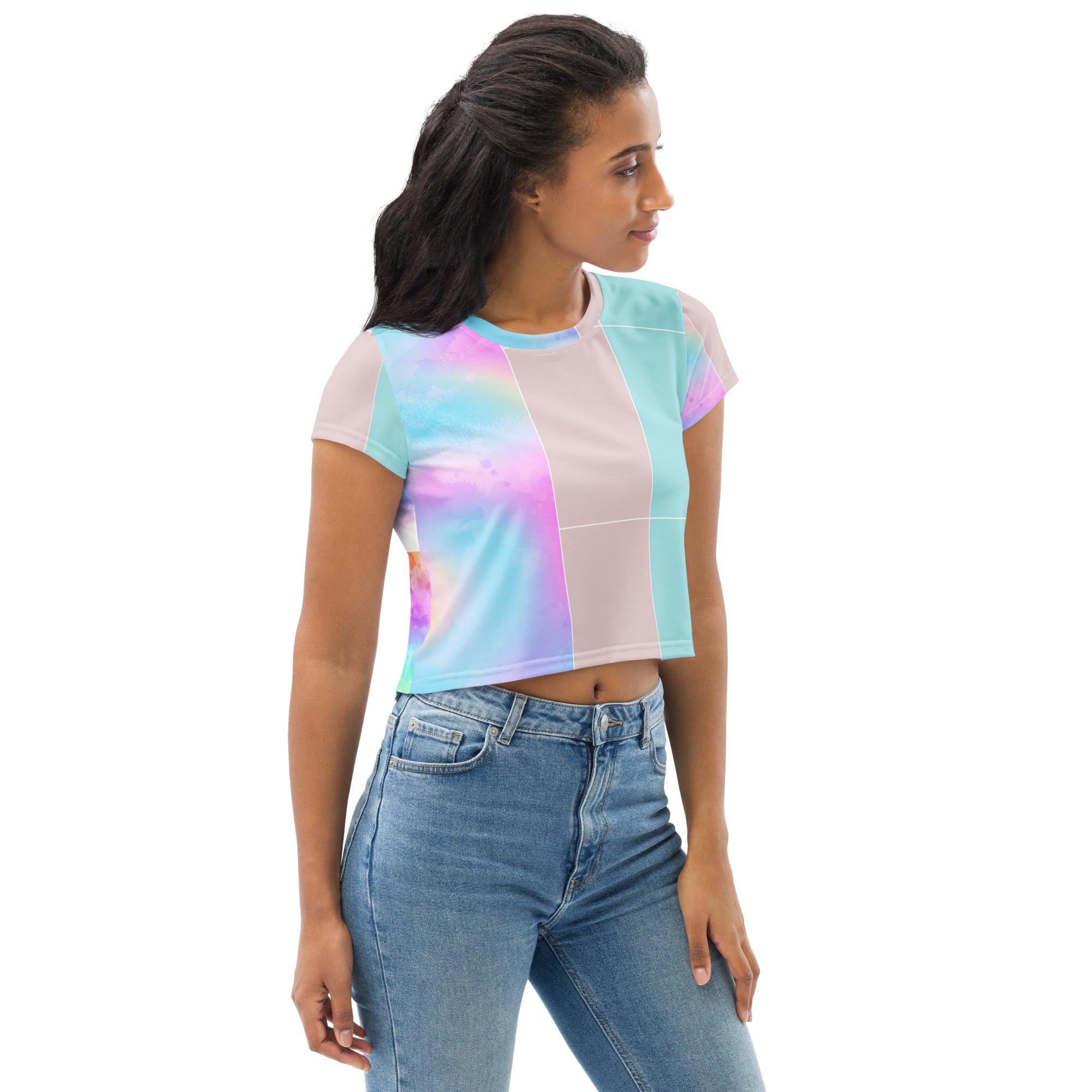 Womens Stretch Fit Crop Tee in pastel colorblock watercolor, showcasing a stylish cropped design with short sleeves.