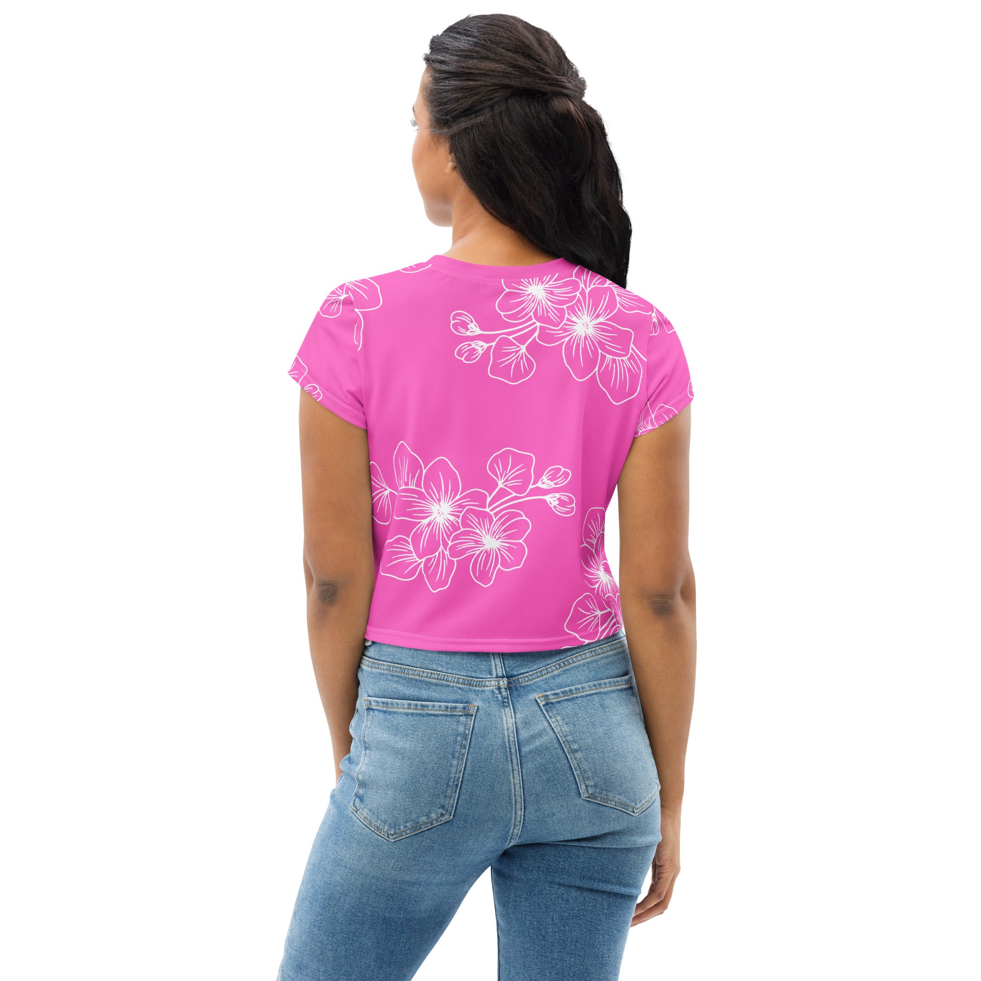 Womens Stretch Fit Crop Tee in Pink Floral, showcasing a trendy cropped design with short sleeves and a crew neckline.