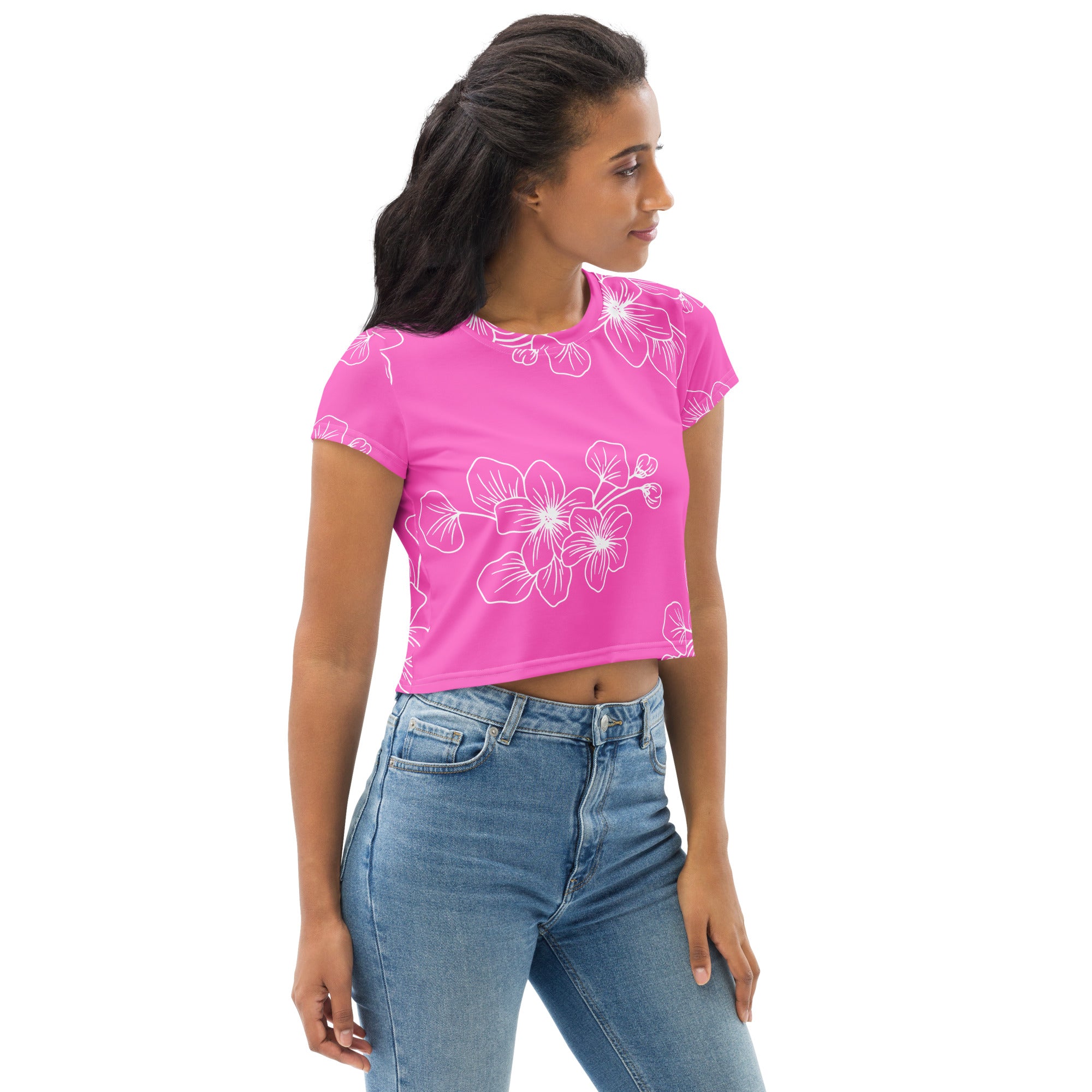 Womens Stretch Fit Crop Tee in Pink Floral, showcasing a trendy cropped design with short sleeves and a crew neckline.