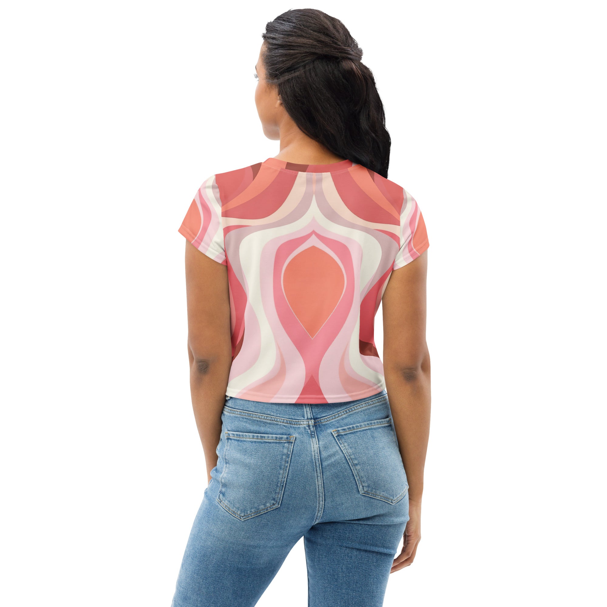 Womens Stretch Fit Crop Tee in pink and white boho swirl lines, showcasing its trendy design and comfortable fit.