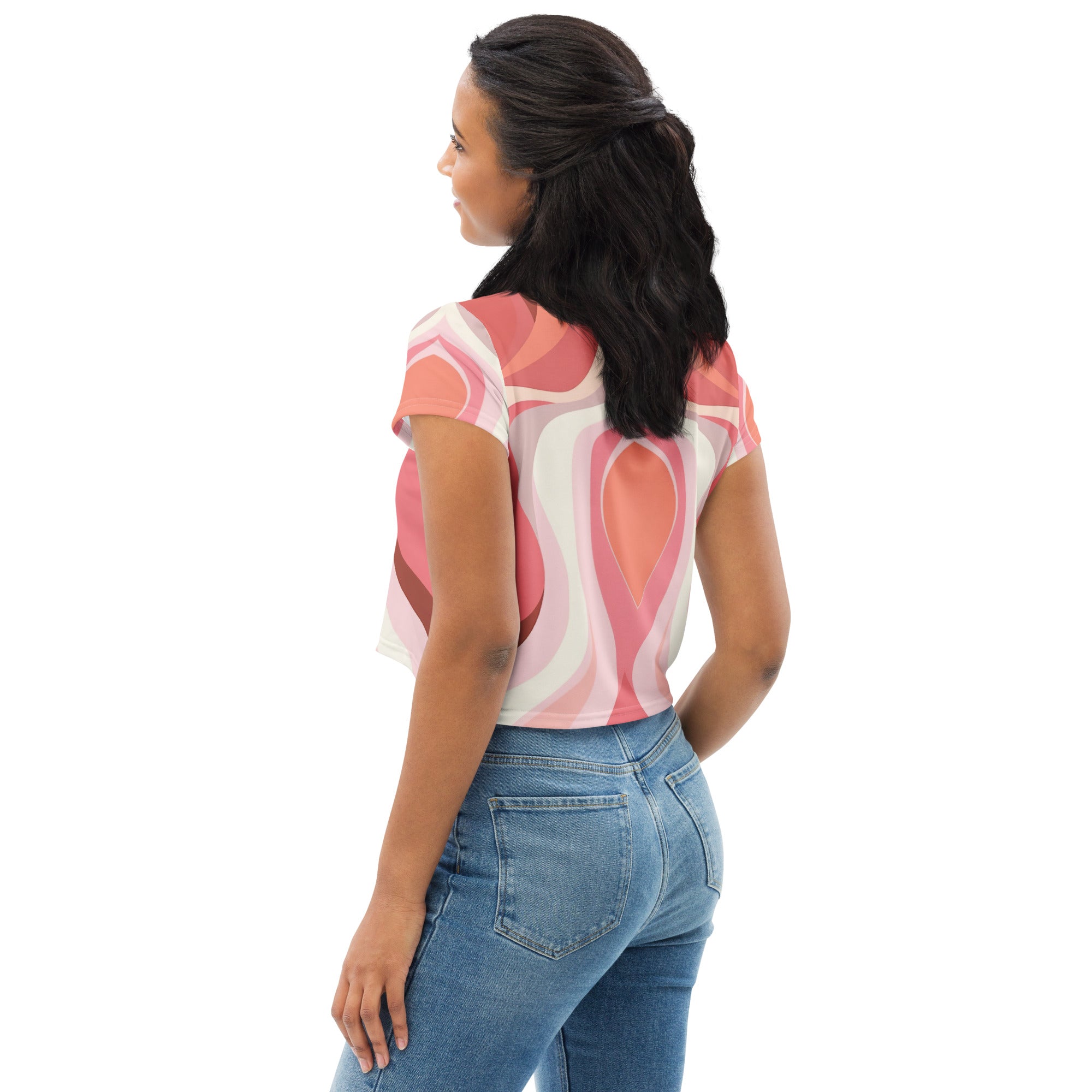 Womens Stretch Fit Crop Tee in pink and white boho swirl lines, showcasing its trendy design and comfortable fit.