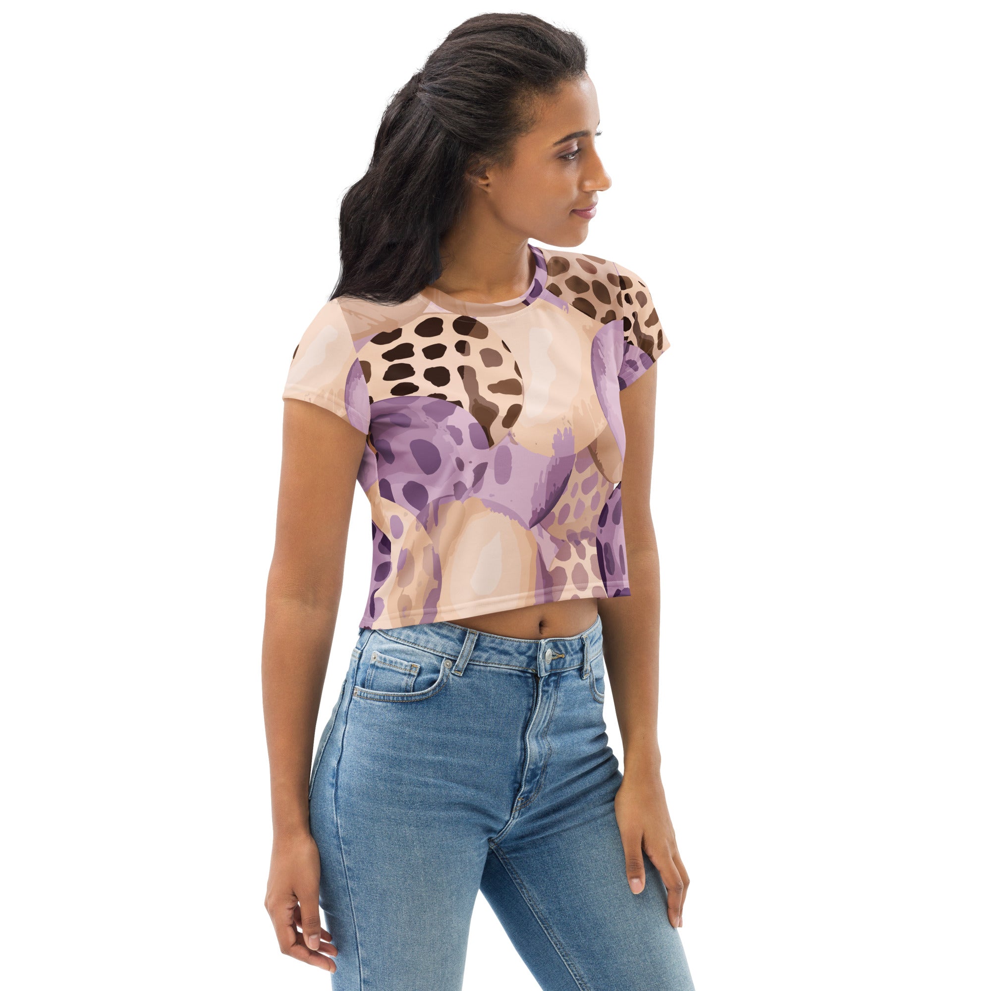 Women's Stretch Fit Crop Tee in Purple Lavender Spotted Print, showcasing a stylish cropped design with short sleeves.