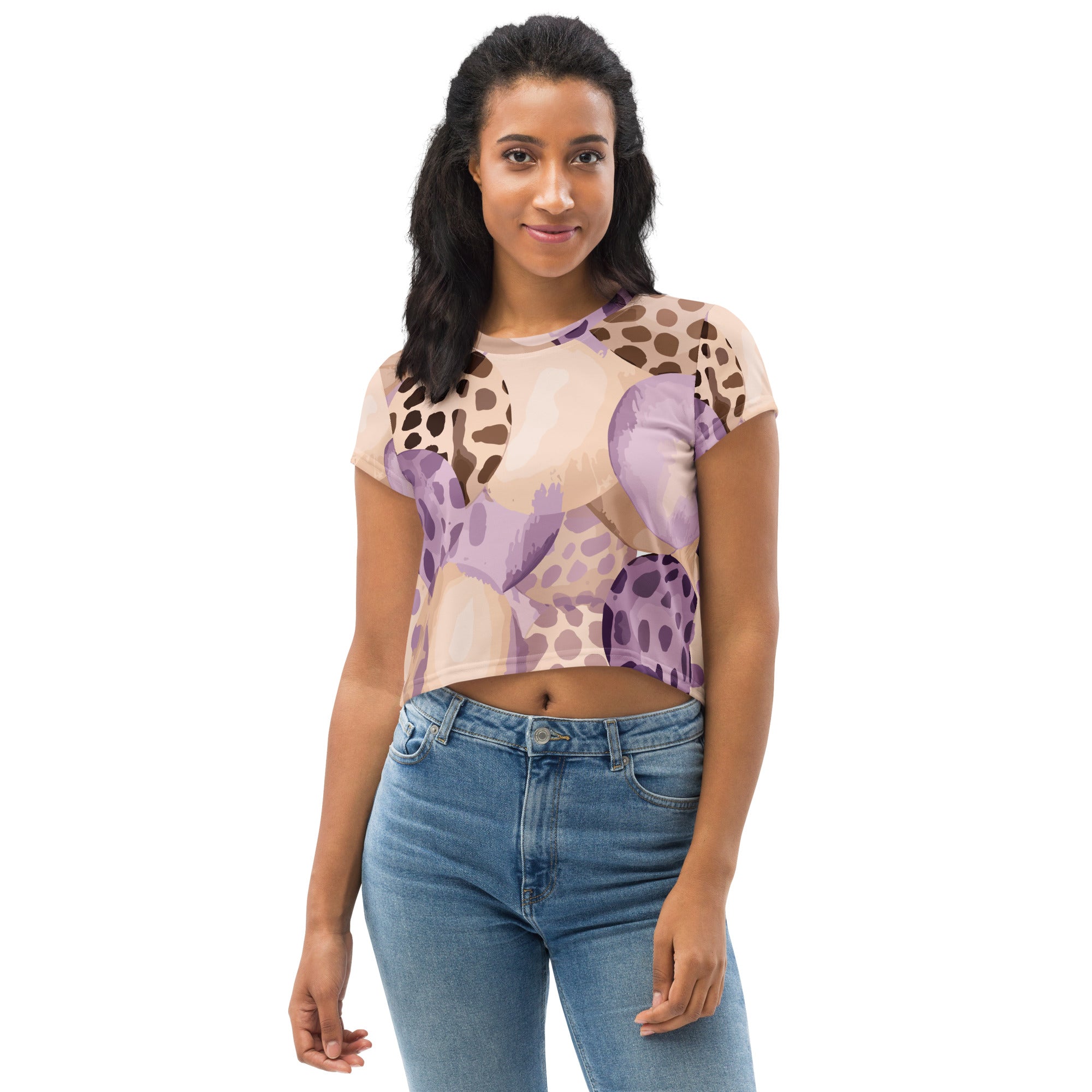 Women's Stretch Fit Crop Tee in Purple Lavender Spotted Print, showcasing a stylish cropped design with short sleeves.