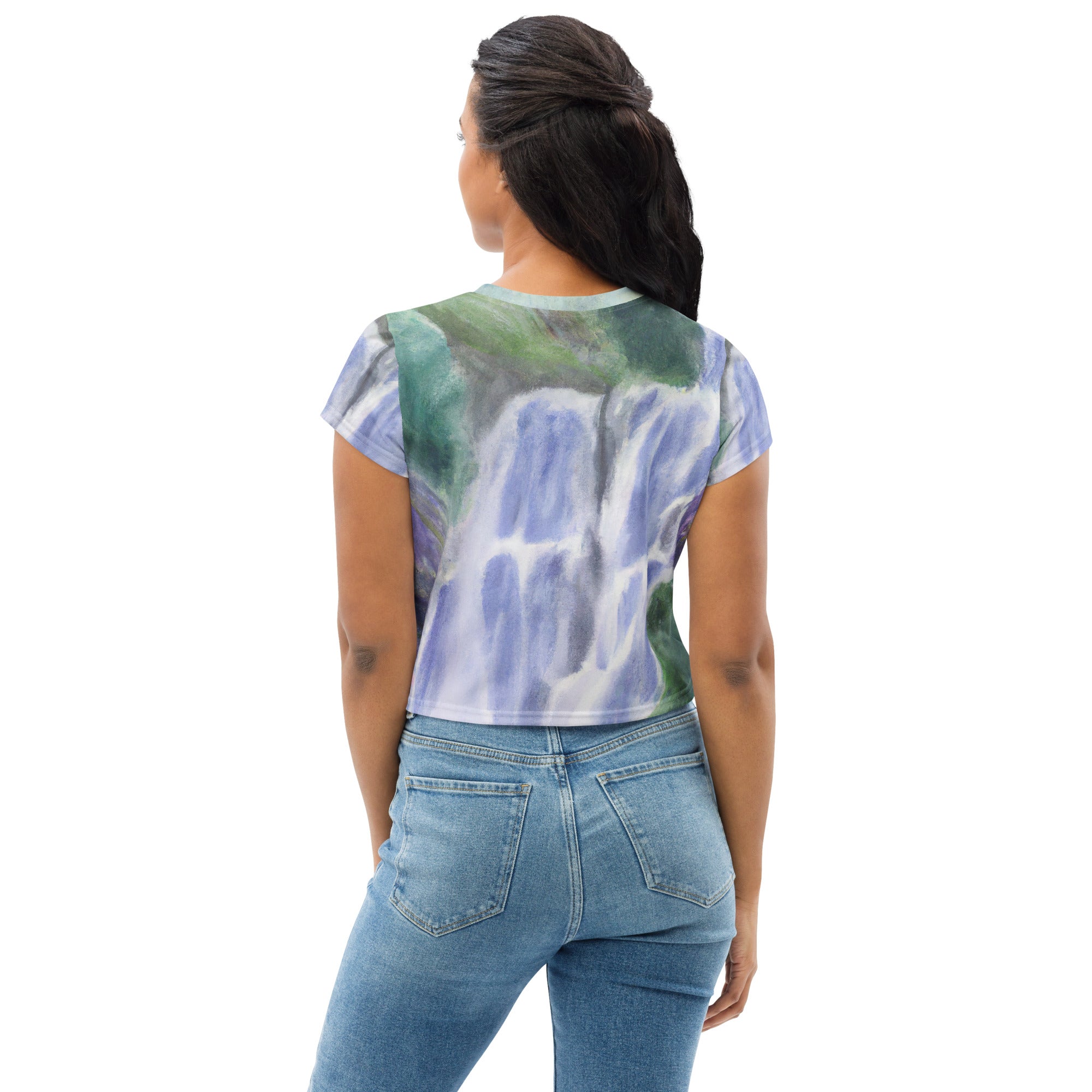 Women's Stretch Fit Crop Tee in Purple Watercolor Waterfall Green, featuring a vibrant landscape print and a trendy cropped silhouette.