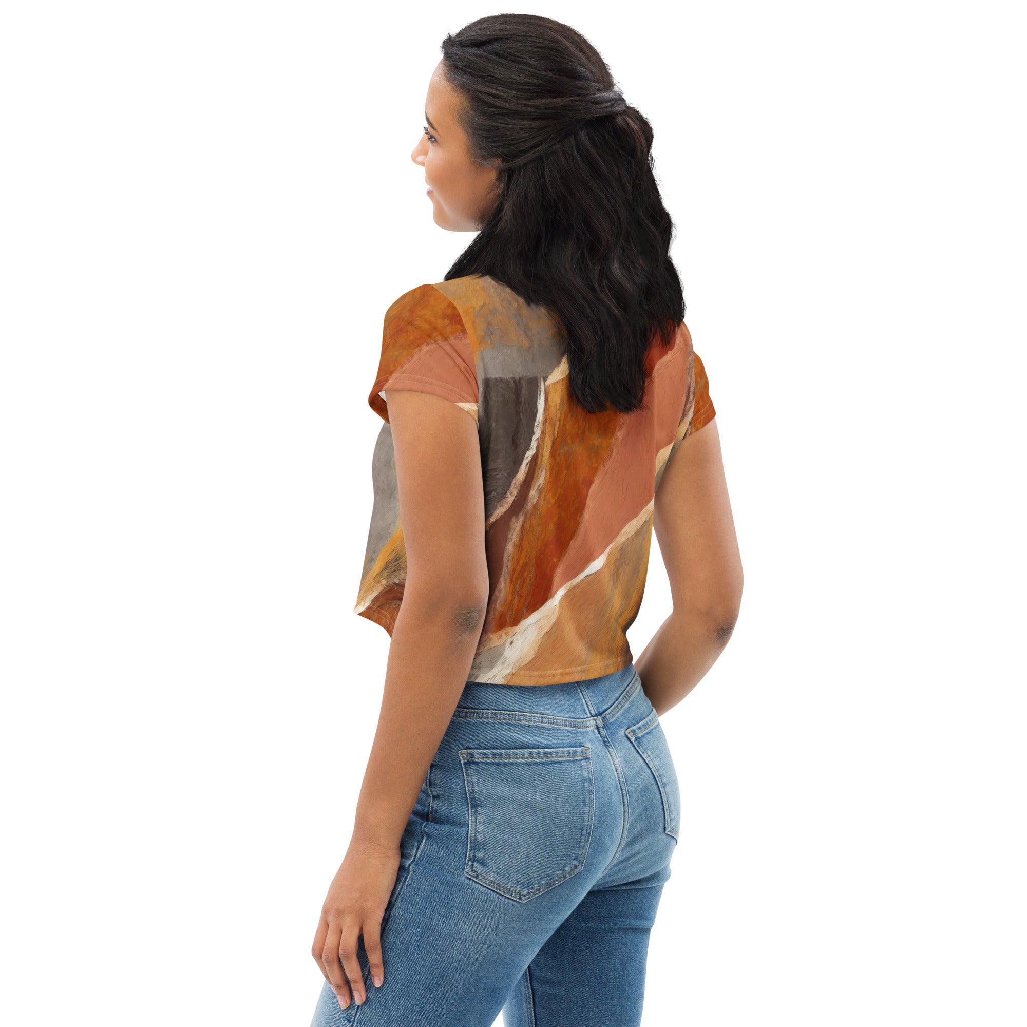 Women's Stretch Fit Crop Tee in Rustic Brown Stone Print, showcasing its stylish design and comfortable fit.