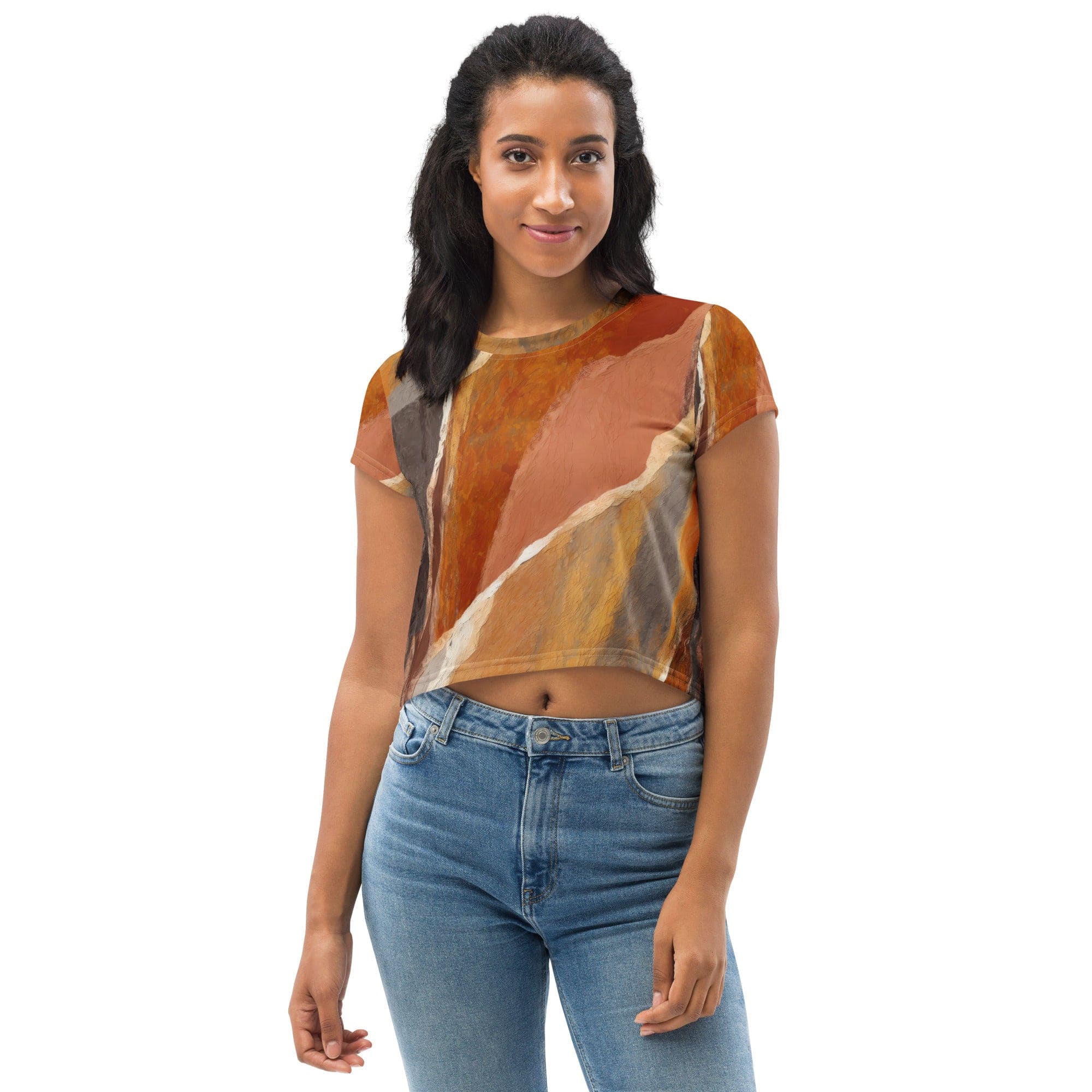 Women's Stretch Fit Crop Tee in Rustic Brown Stone Print, showcasing its stylish design and comfortable fit.