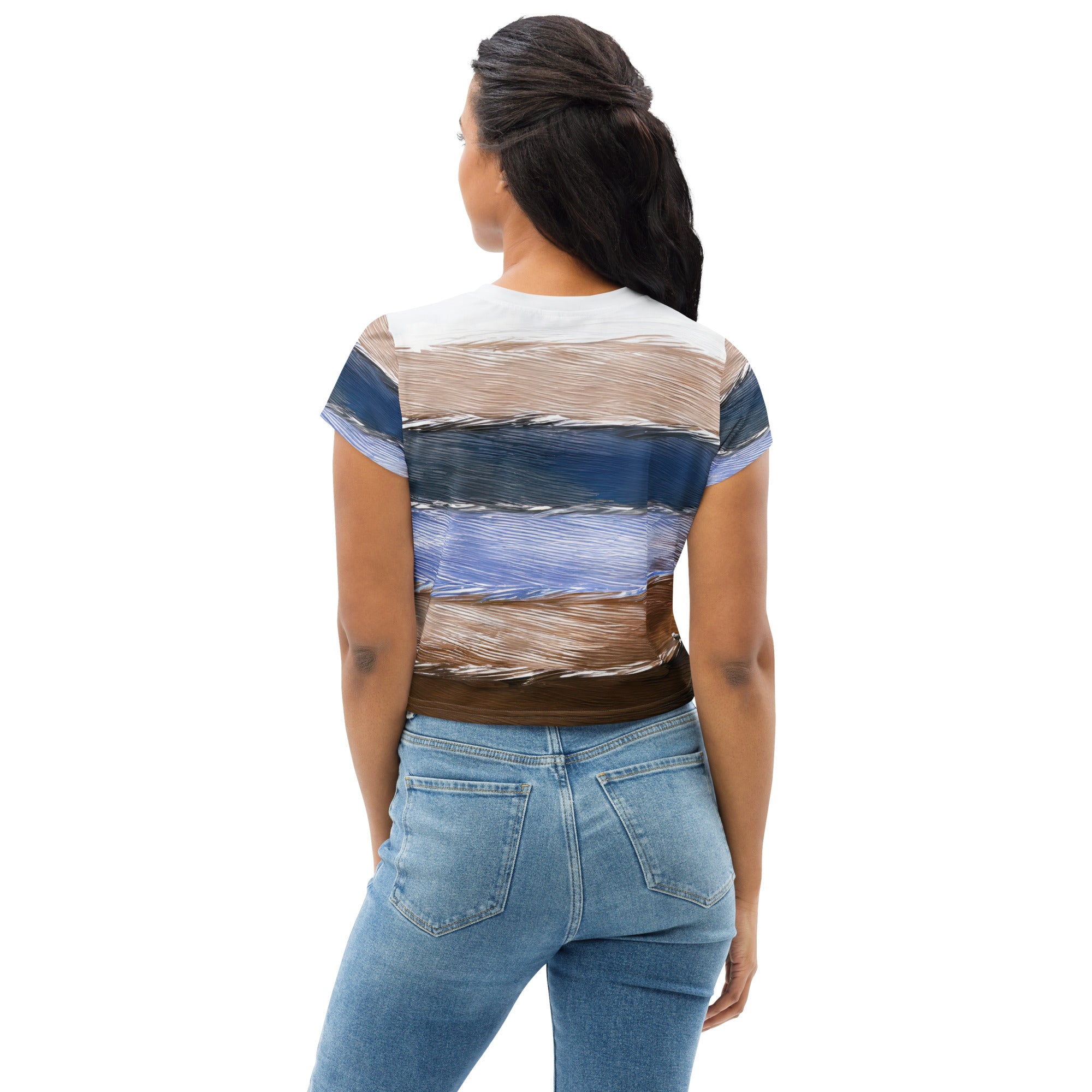 Womens Stretch Fit Crop Tee T-shirt in Rustic Hues Pattern, showcasing a stylish cropped design with a crew neckline and short sleeves.