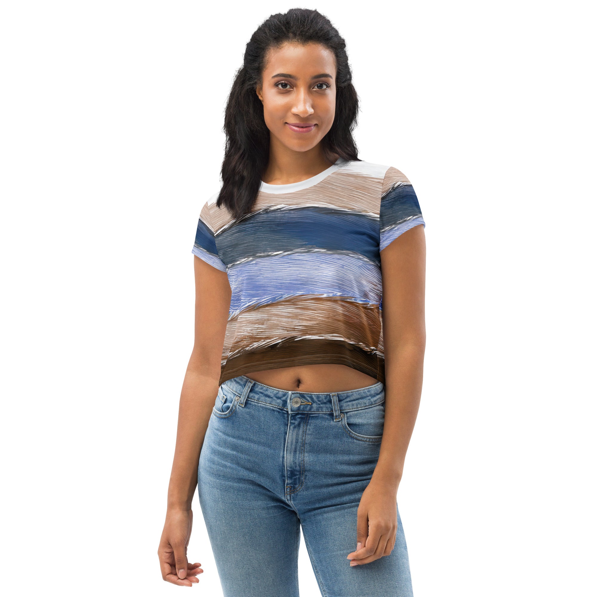 Womens Stretch Fit Crop Tee T-shirt in Rustic Hues Pattern, showcasing a stylish cropped design with a crew neckline and short sleeves.