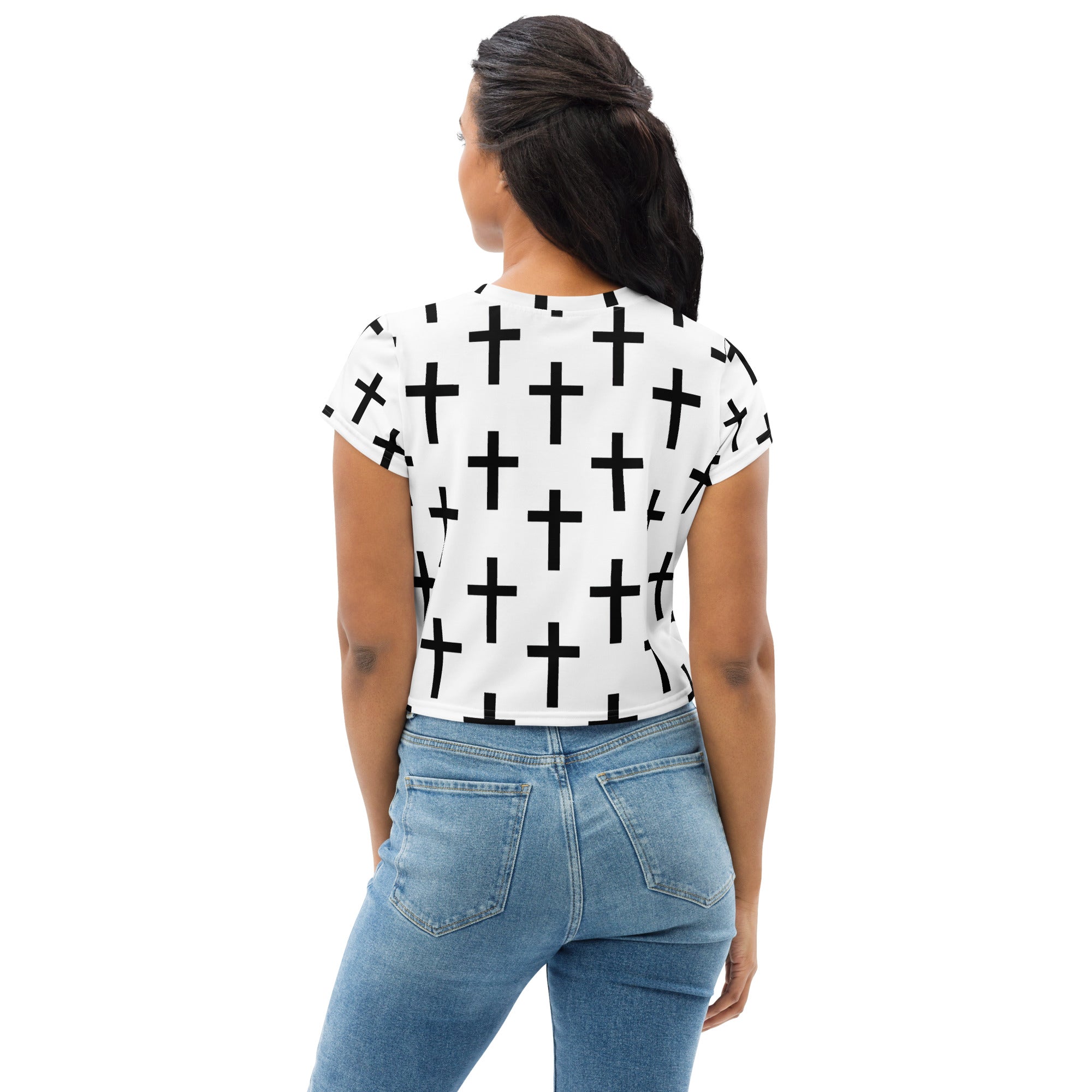 Women's Stretch Fit Crop Tee in white and black cross print, showcasing its stylish design and comfortable fit.