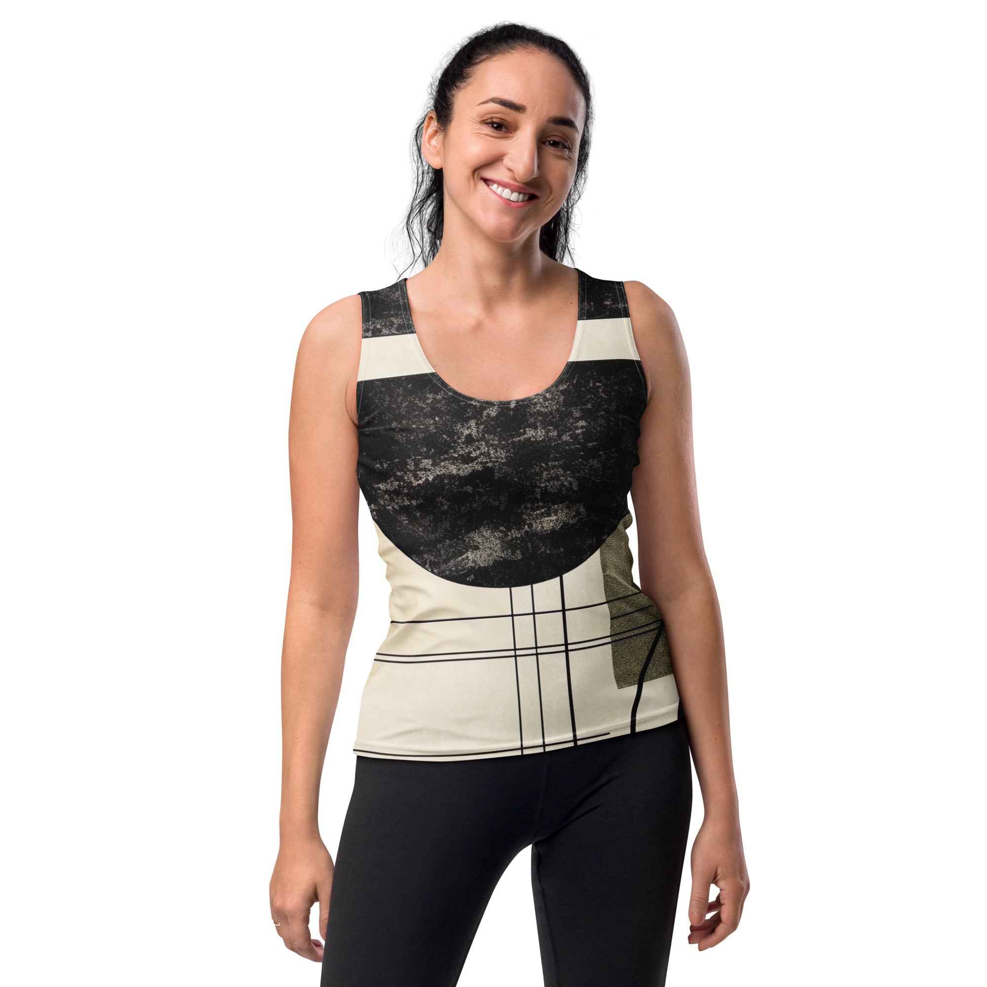 Women's Stretch Fit Tank Top featuring abstract black, beige, and brown geometric shapes, designed for comfort and style.