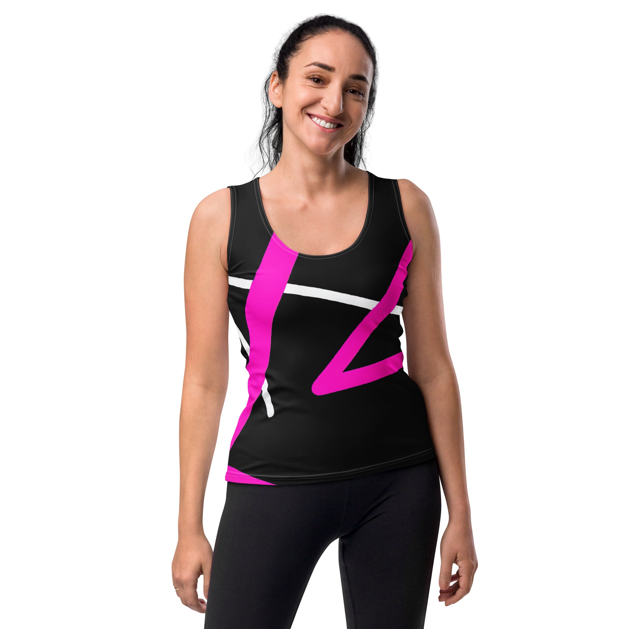 Women's Stretch Fit Tank Top featuring a stylish black and pink pattern, designed for comfort and versatility.