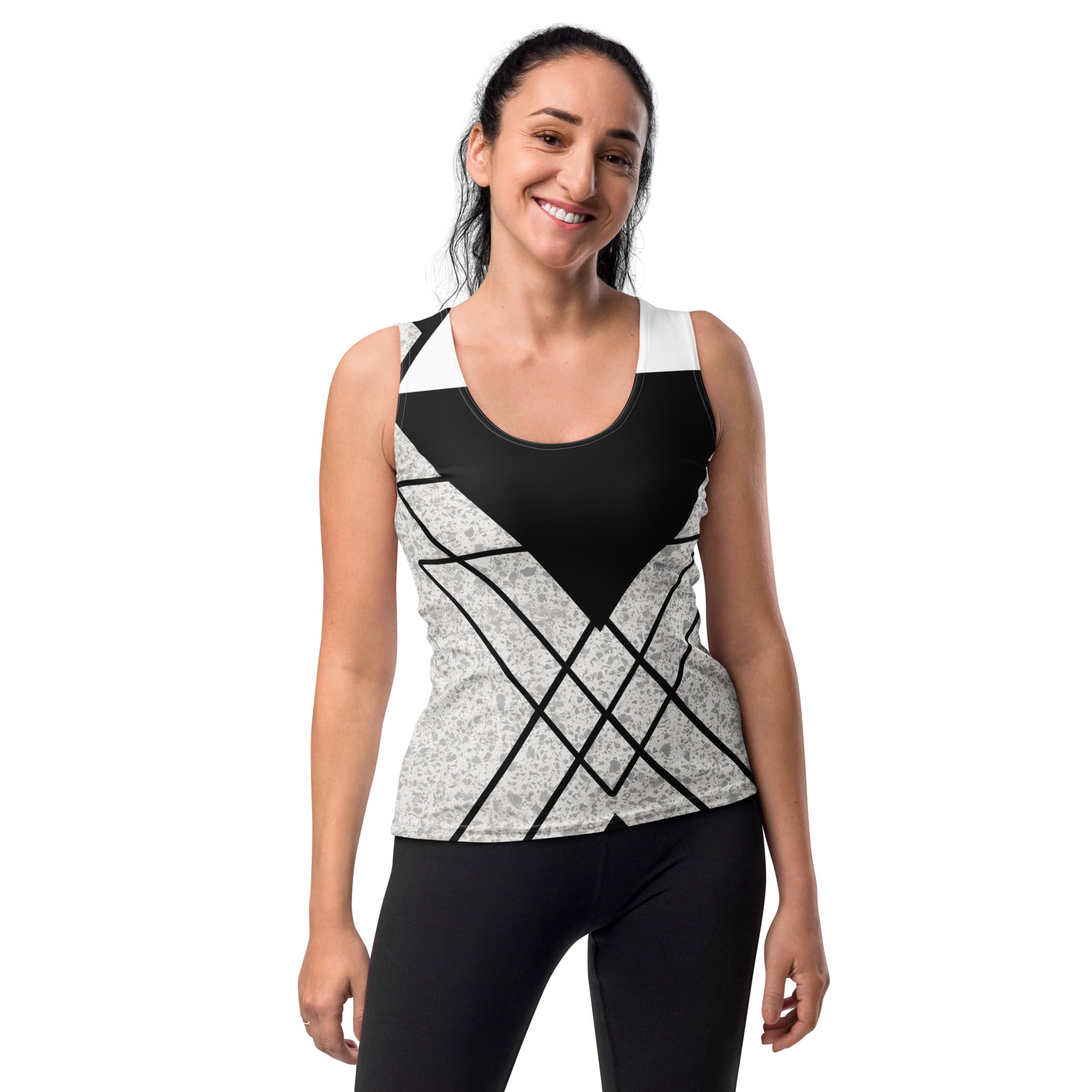 Womens Stretch Fit Tank Top in Black and White Ash Grey with a triangular colorblock design, showcasing its sleeveless and scoop neckline features.