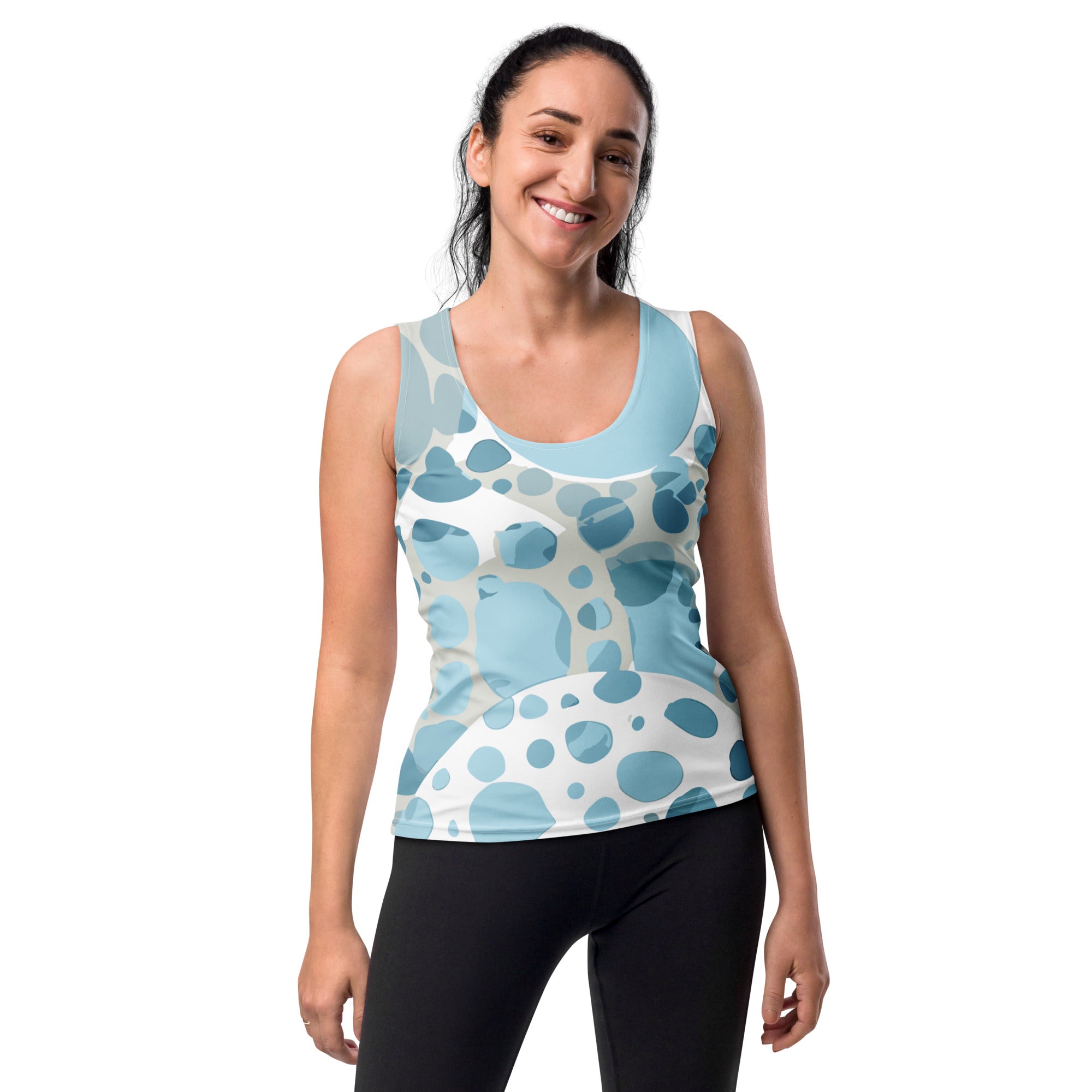 Womens Stretch Fit Tank Top featuring a blue and white circular spotted design, perfect for workouts and casual wear.