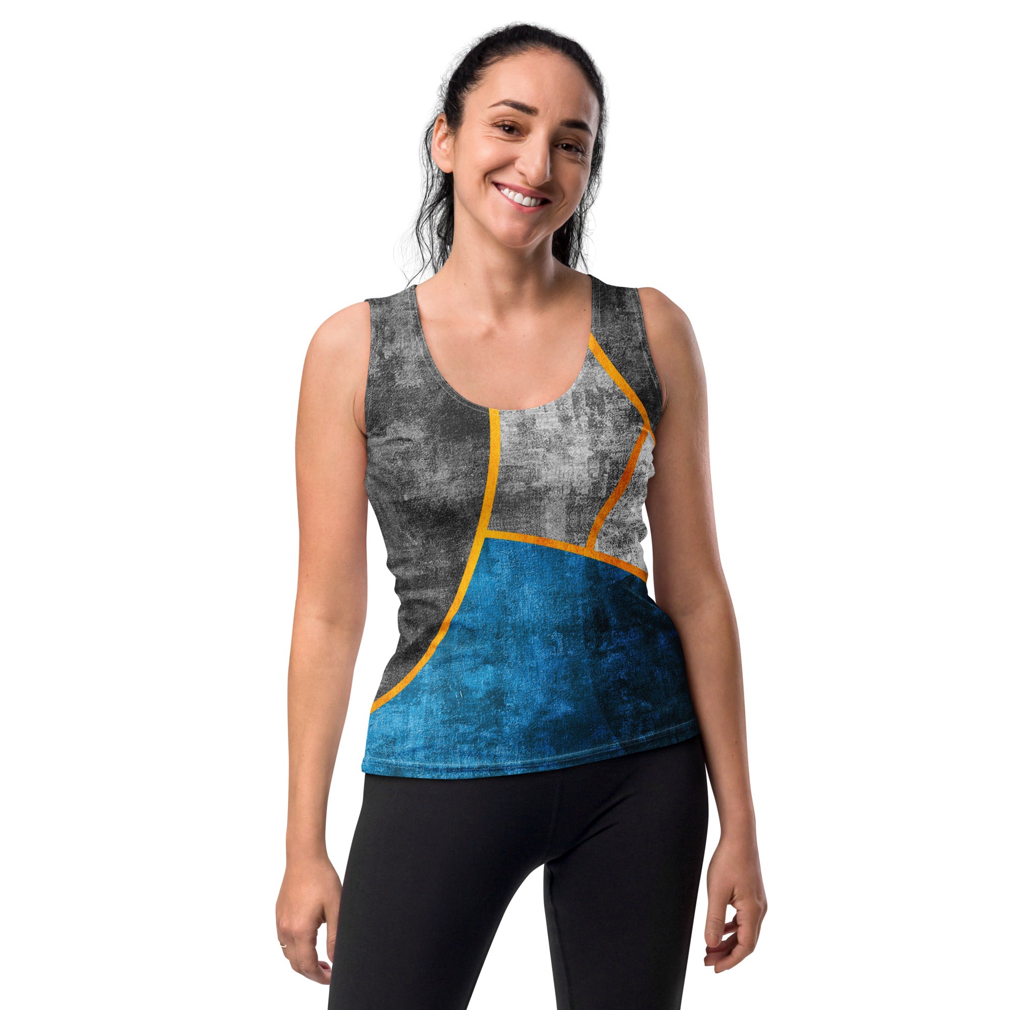 Womens Stretch Fit Tank Top in Blue Grey, showcasing a sleeveless design and scoop neckline, perfect for workouts and casual wear.