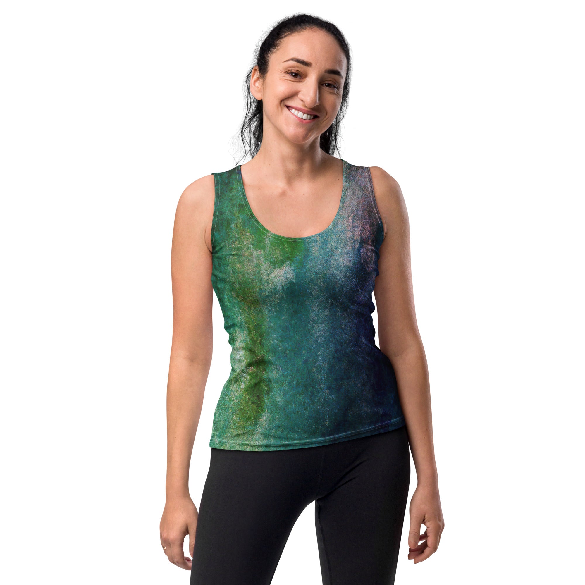 Women's Stretch Fit Tank Top in blue hue watercolor abstract print, showcasing a sleeveless design and scoop neckline for a flattering fit.
