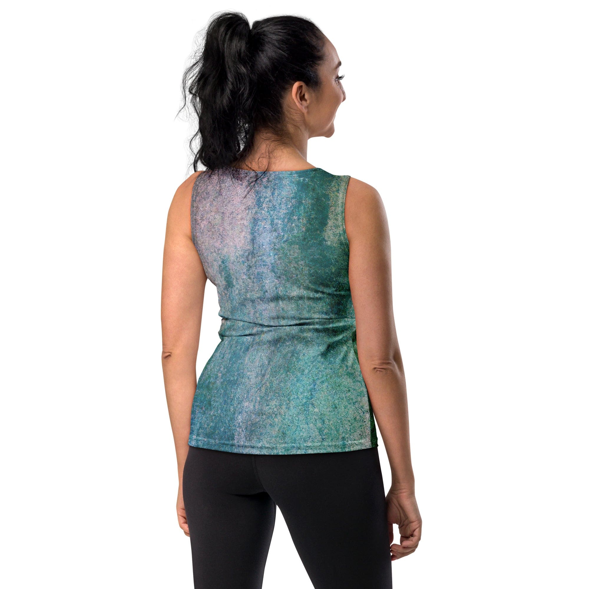 Women's Stretch Fit Tank Top in blue hue watercolor abstract print, showcasing a sleeveless design and scoop neckline for a flattering fit.